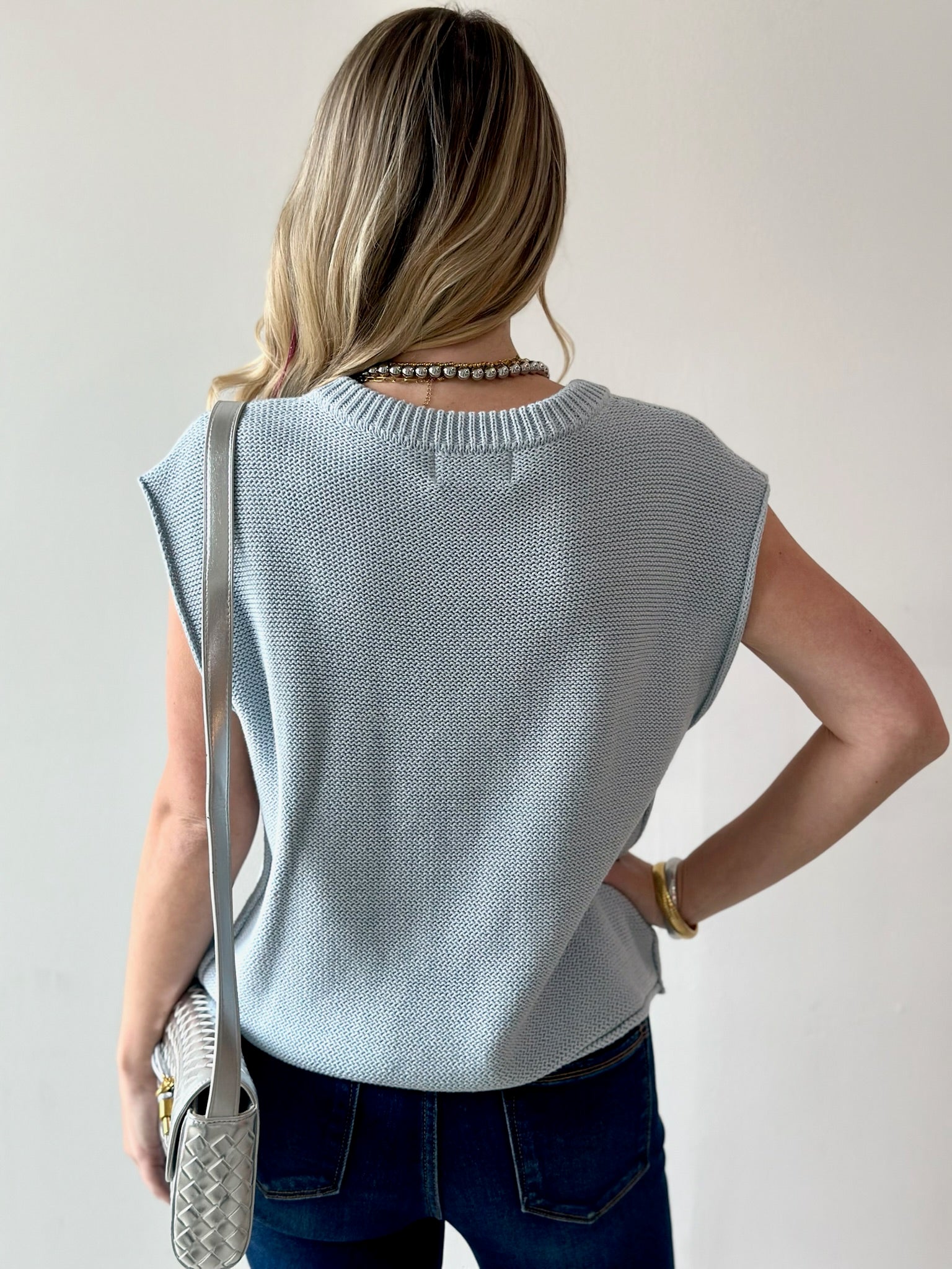 Exposed Seam Knit Sweater Vest Top - Dusty Blue