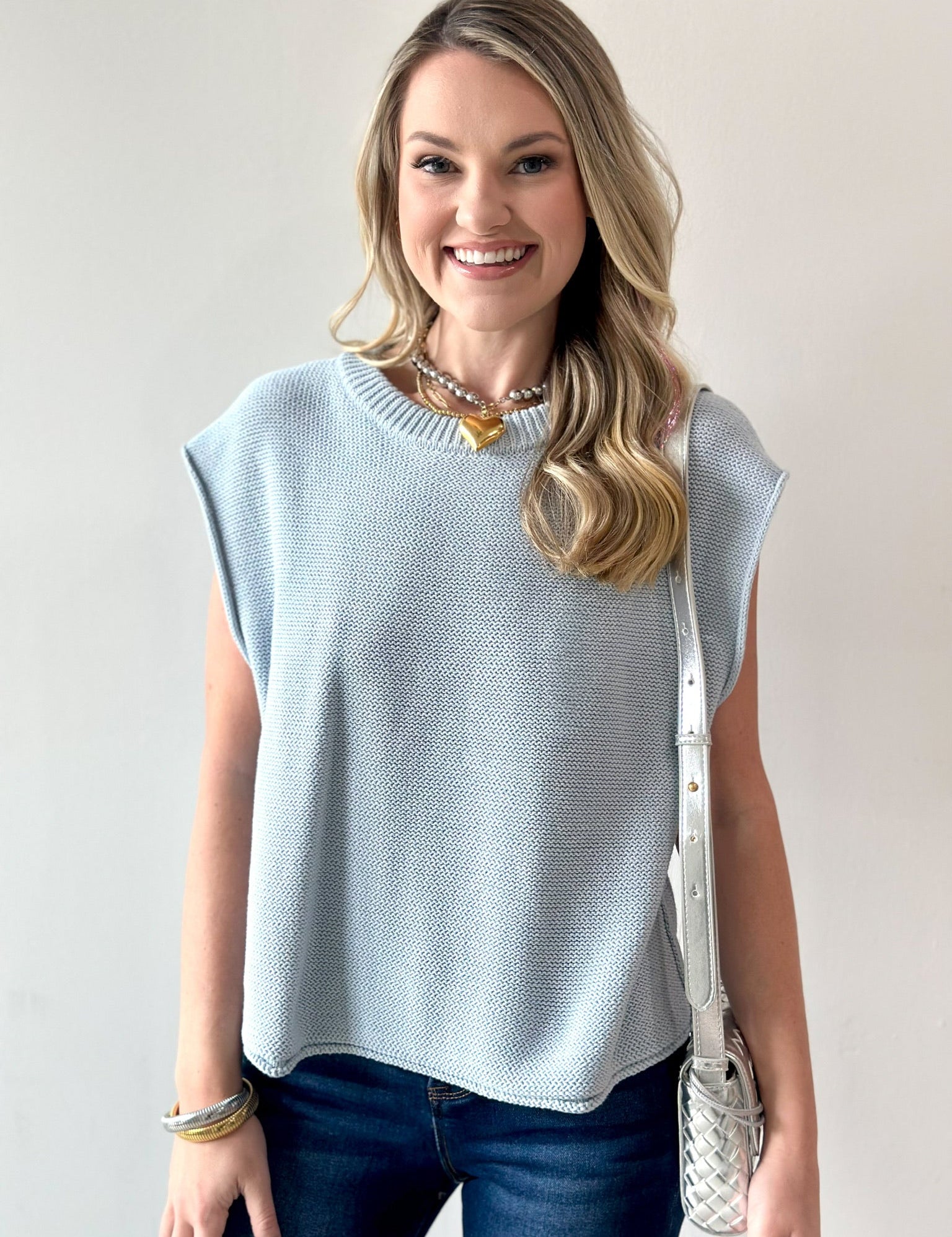 Exposed Seam Knit Sweater Vest Top - Dusty Blue