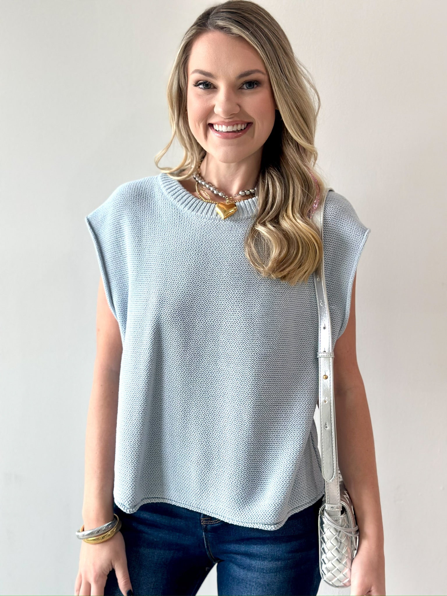 Exposed Seam Knit Sweater Vest Top - Dusty Blue