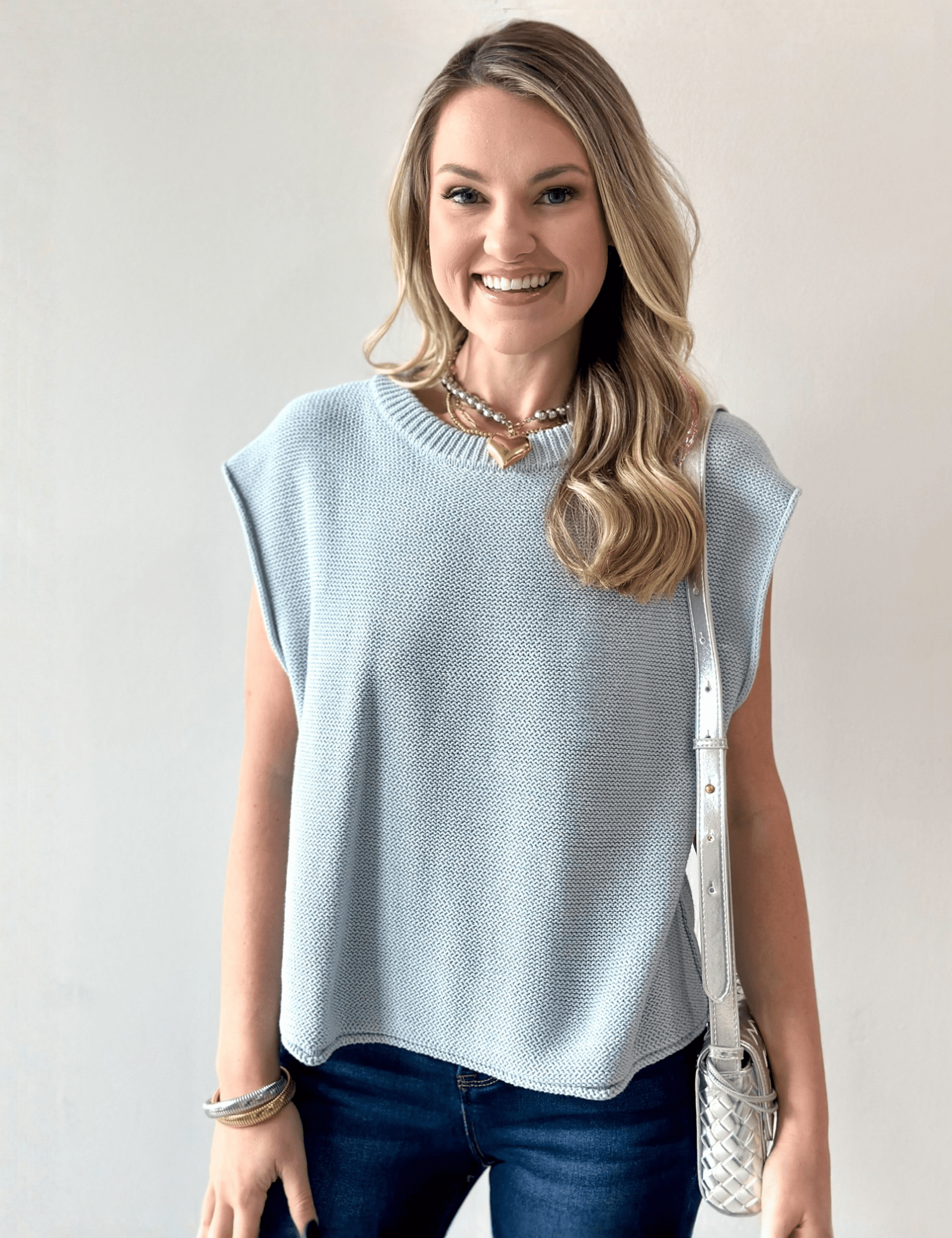 Exposed Seam Knit Sweater Vest Top - Dusty Blue