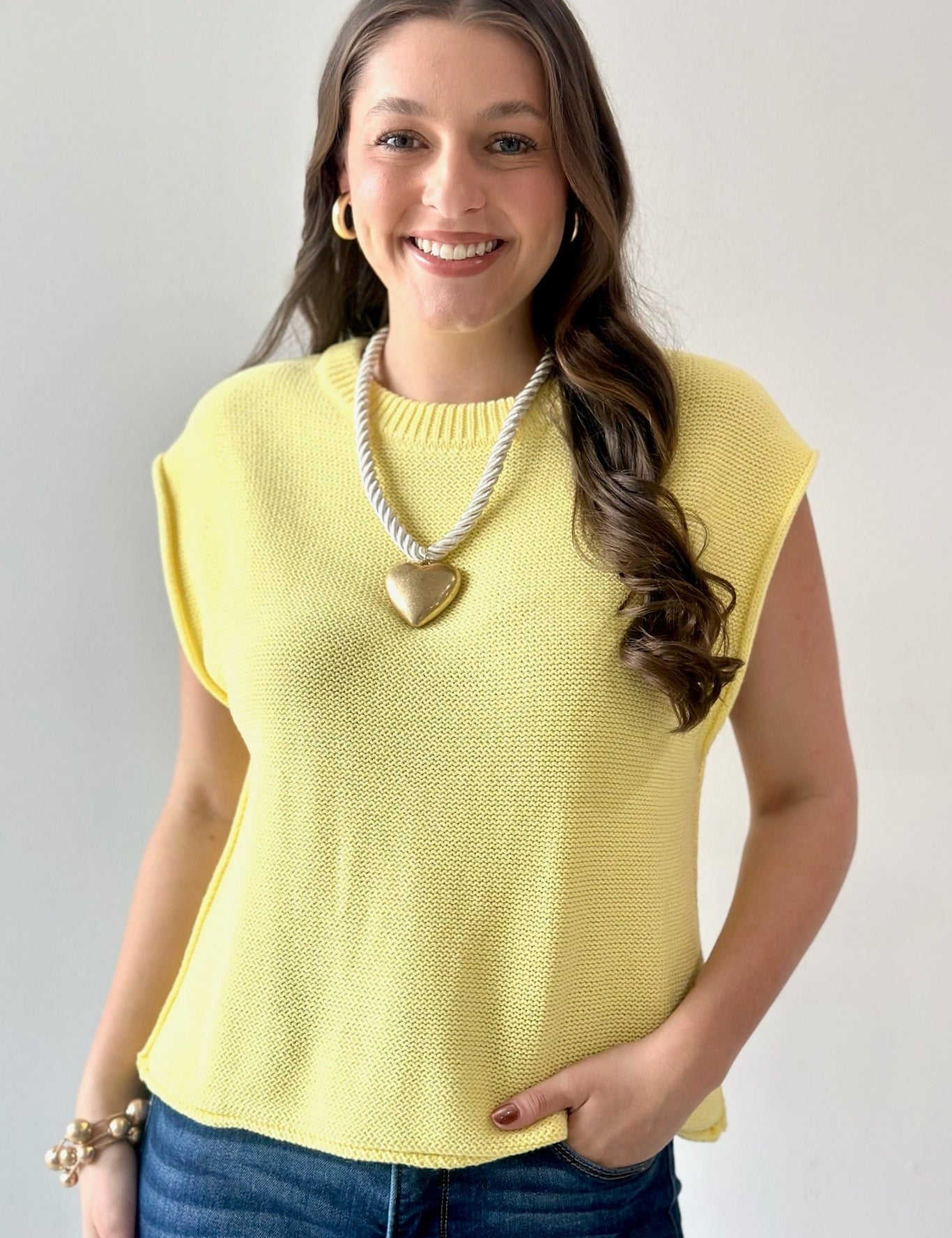Exposed Seam Knit Sweater Vest Top - Lemon