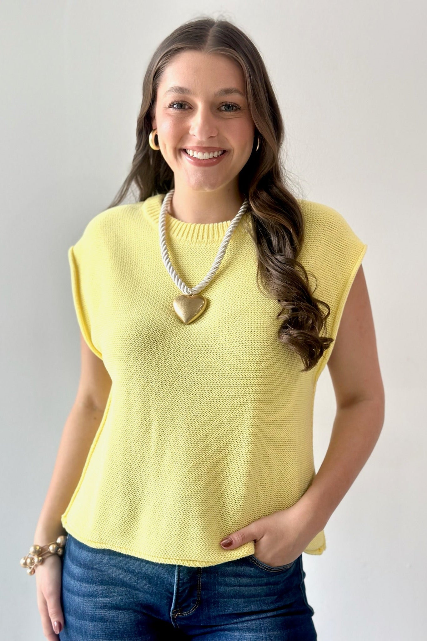 Exposed Seam Knit Sweater Vest Top - Lemon