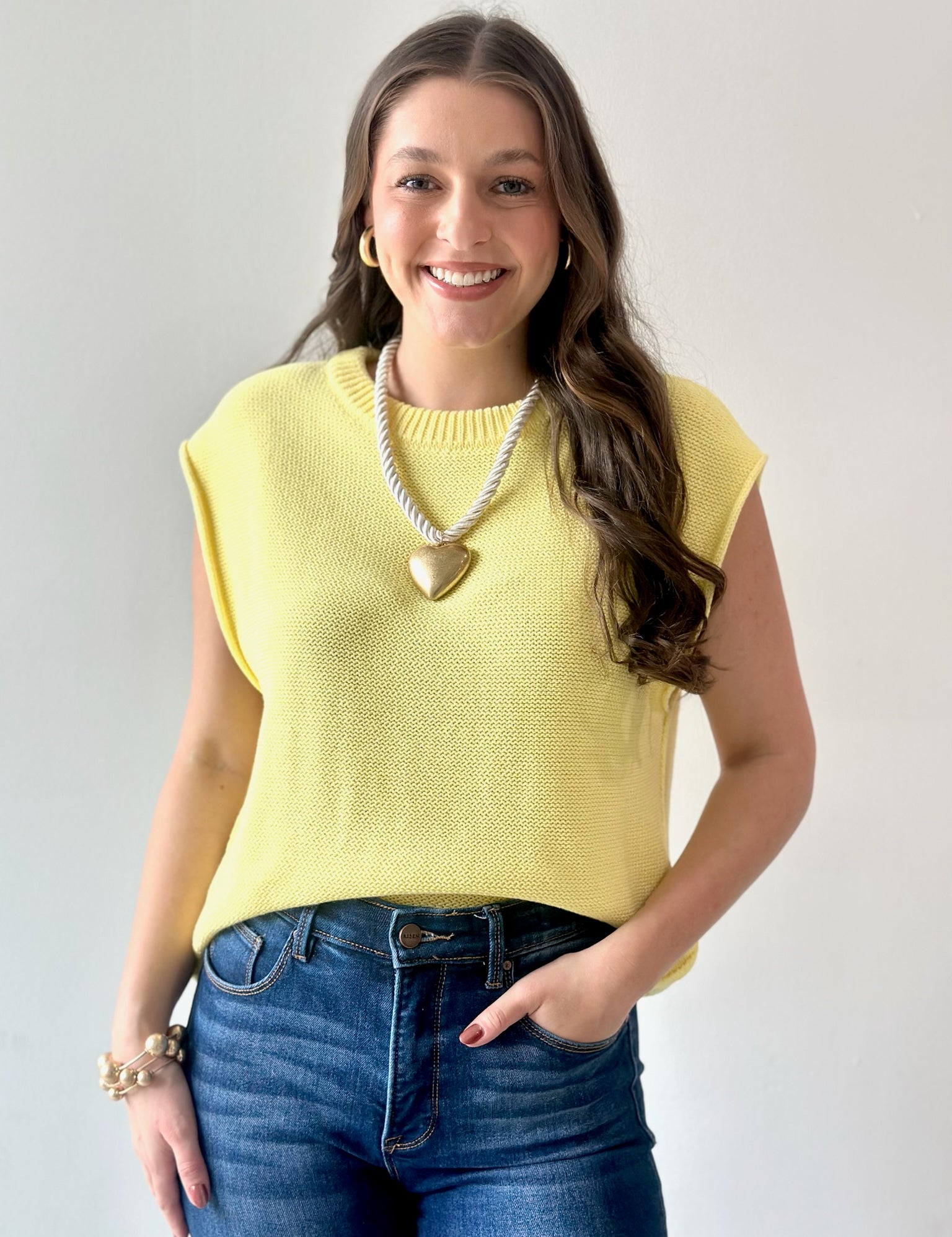 Exposed Seam Knit Sweater Vest Top - Lemon