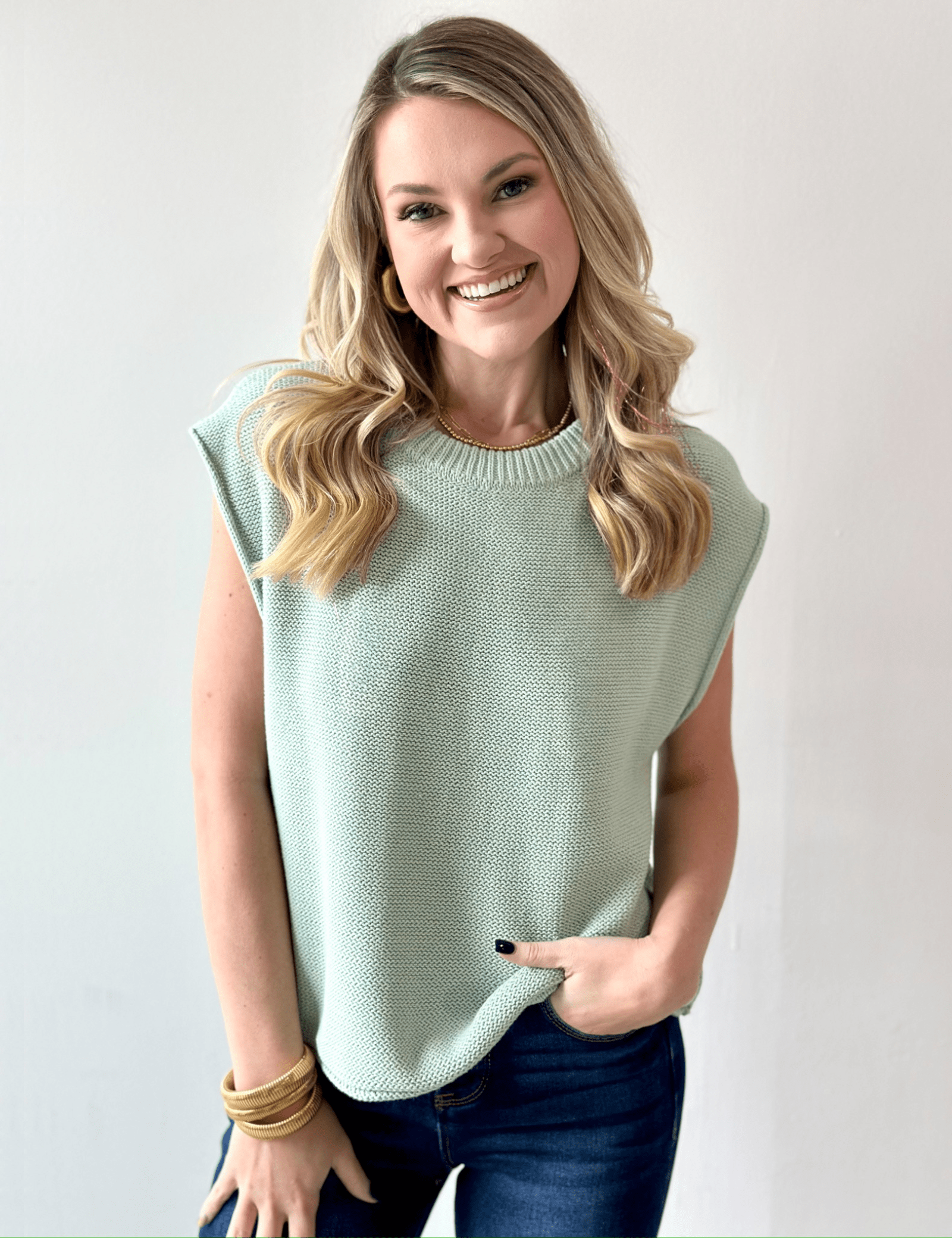 Exposed Seam Knit Sweater Vest Top - Sage