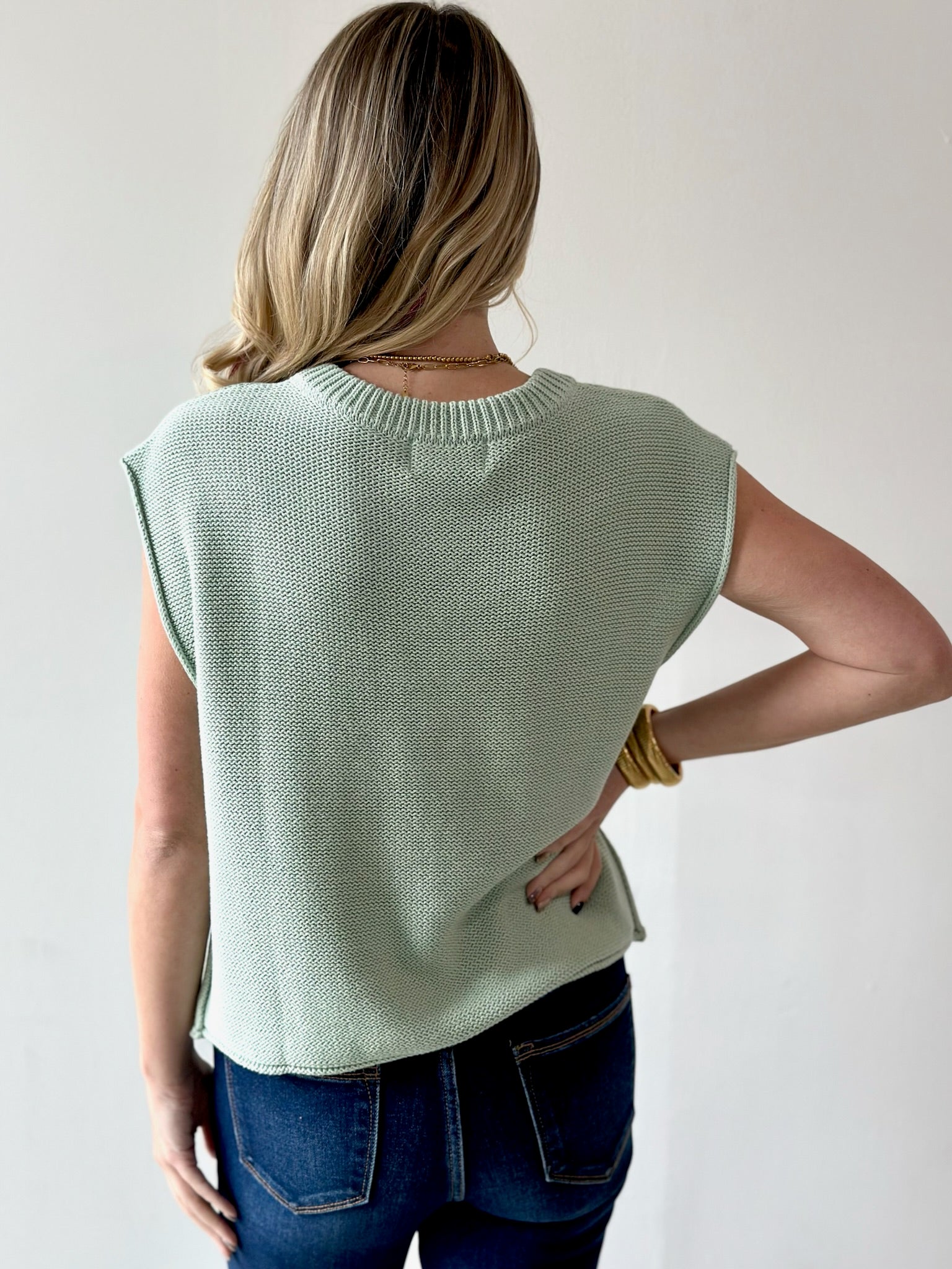 Exposed Seam Knit Sweater Vest Top - Sage