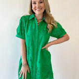 Eyelet Button Down Puff Sleeve Dress