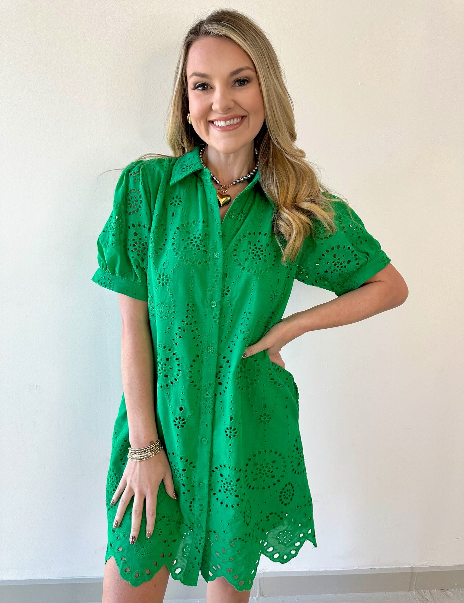 Eyelet Button Down Puff Sleeve Dress