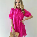 Eyelet Button Down Puff Sleeve Dress