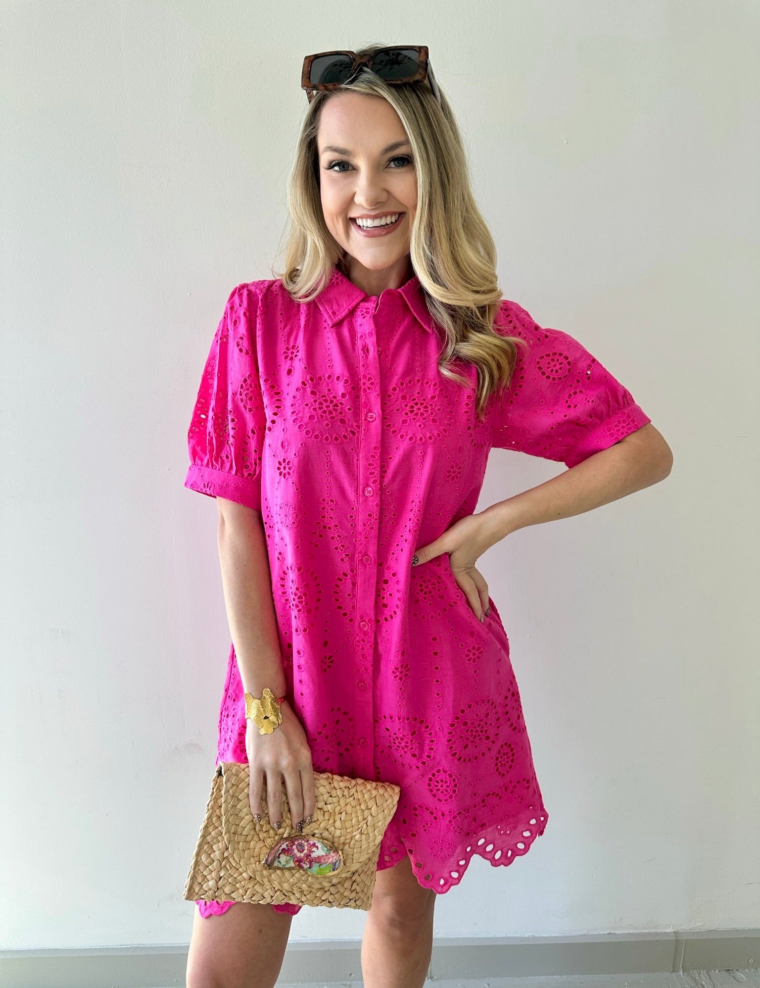 Eyelet Button Down Puff Sleeve Dress