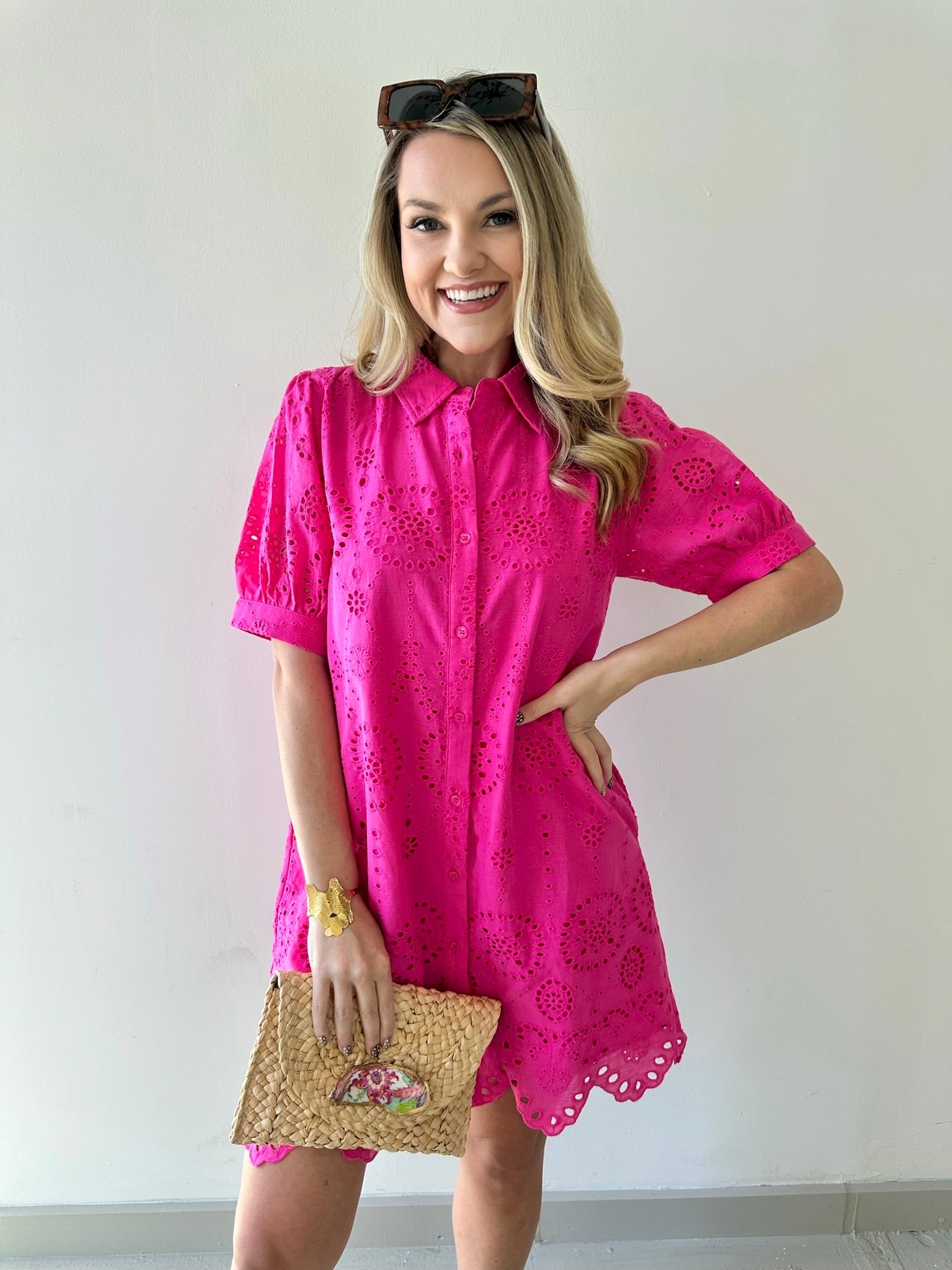 Eyelet Button Down Puff Sleeve Dress