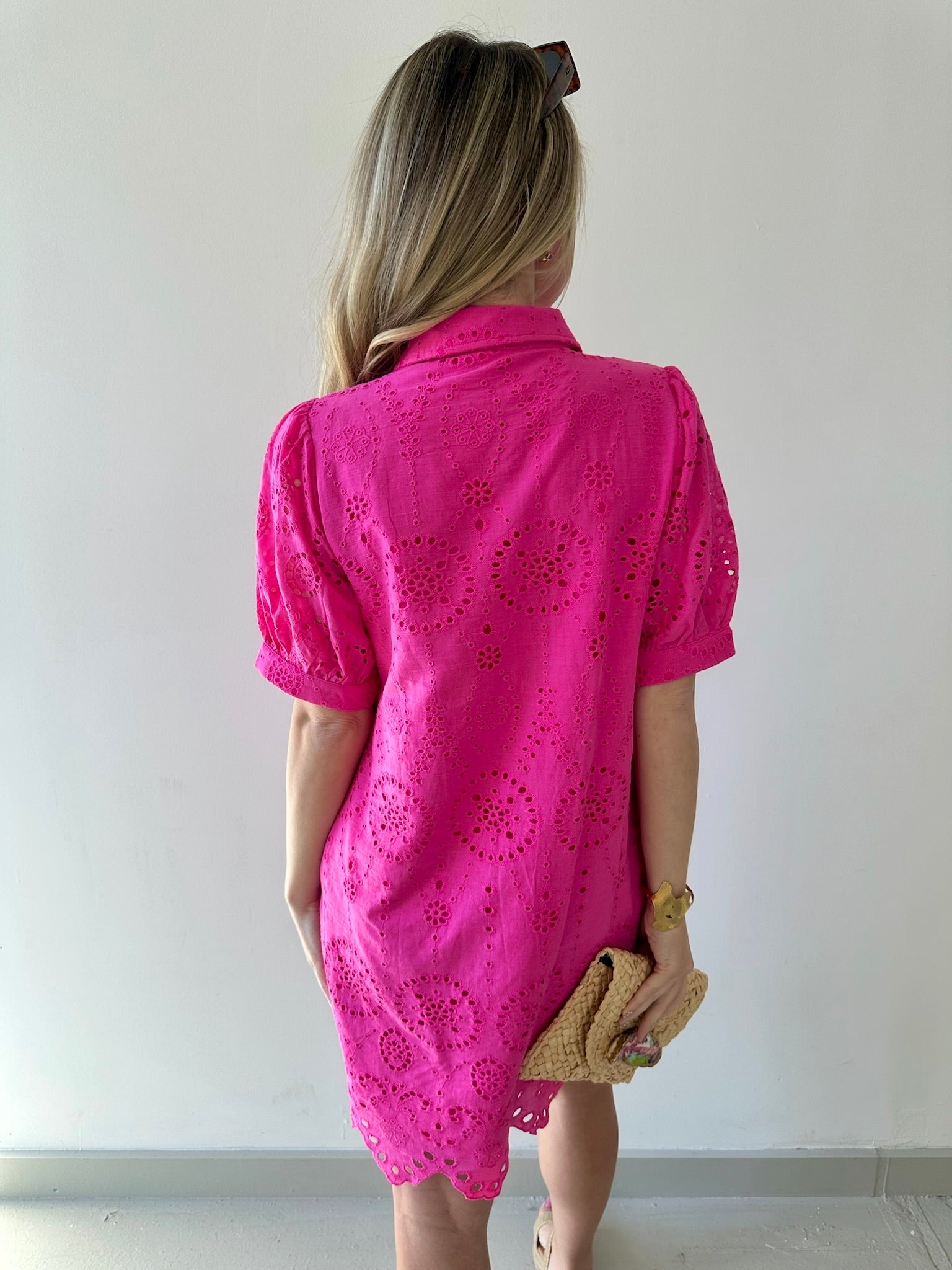 Eyelet Button Down Puff Sleeve Dress