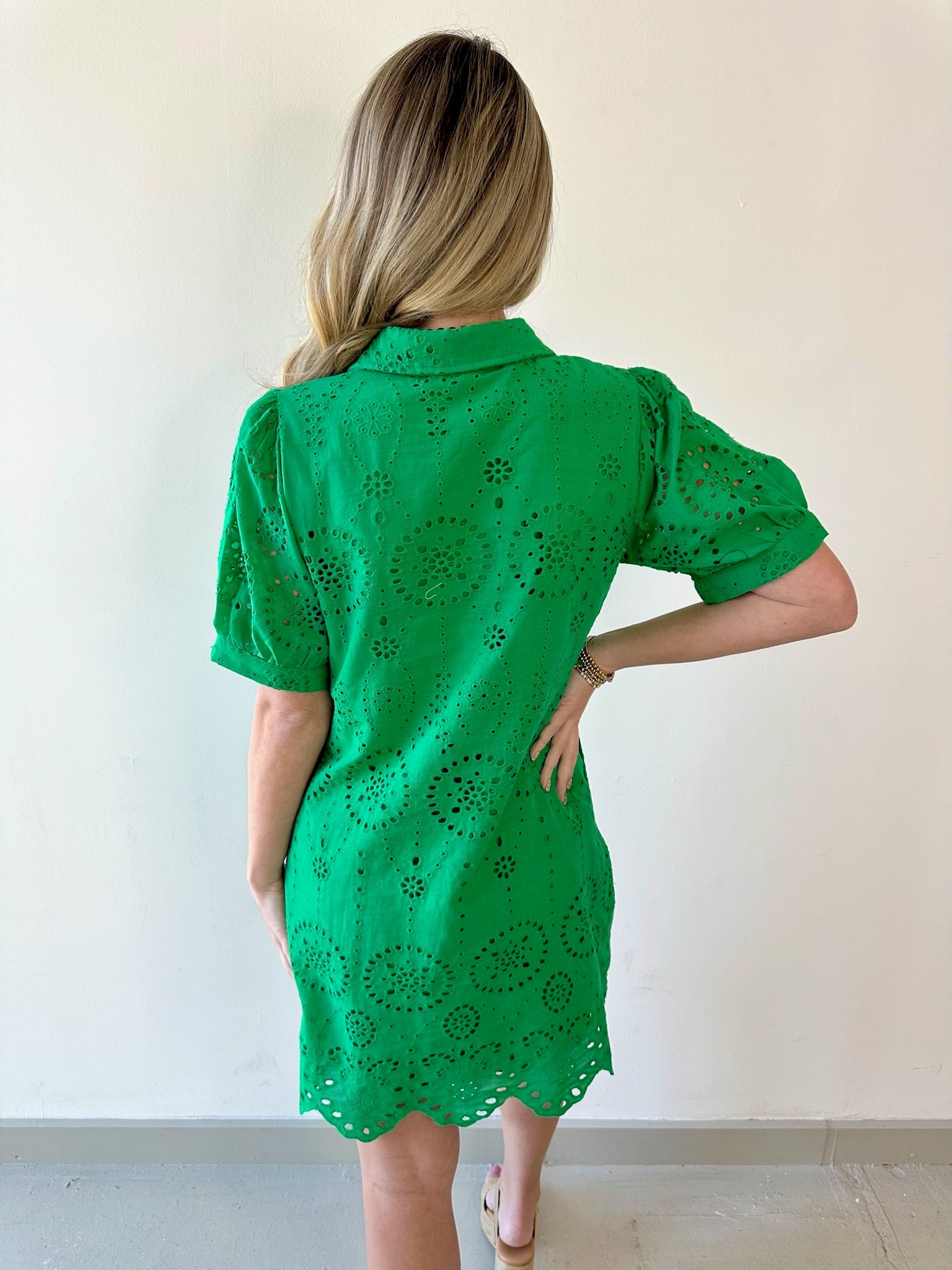 Eyelet Button Down Puff Sleeve Dress