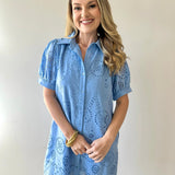 Eyelet Button Down Puff Sleeve Dress