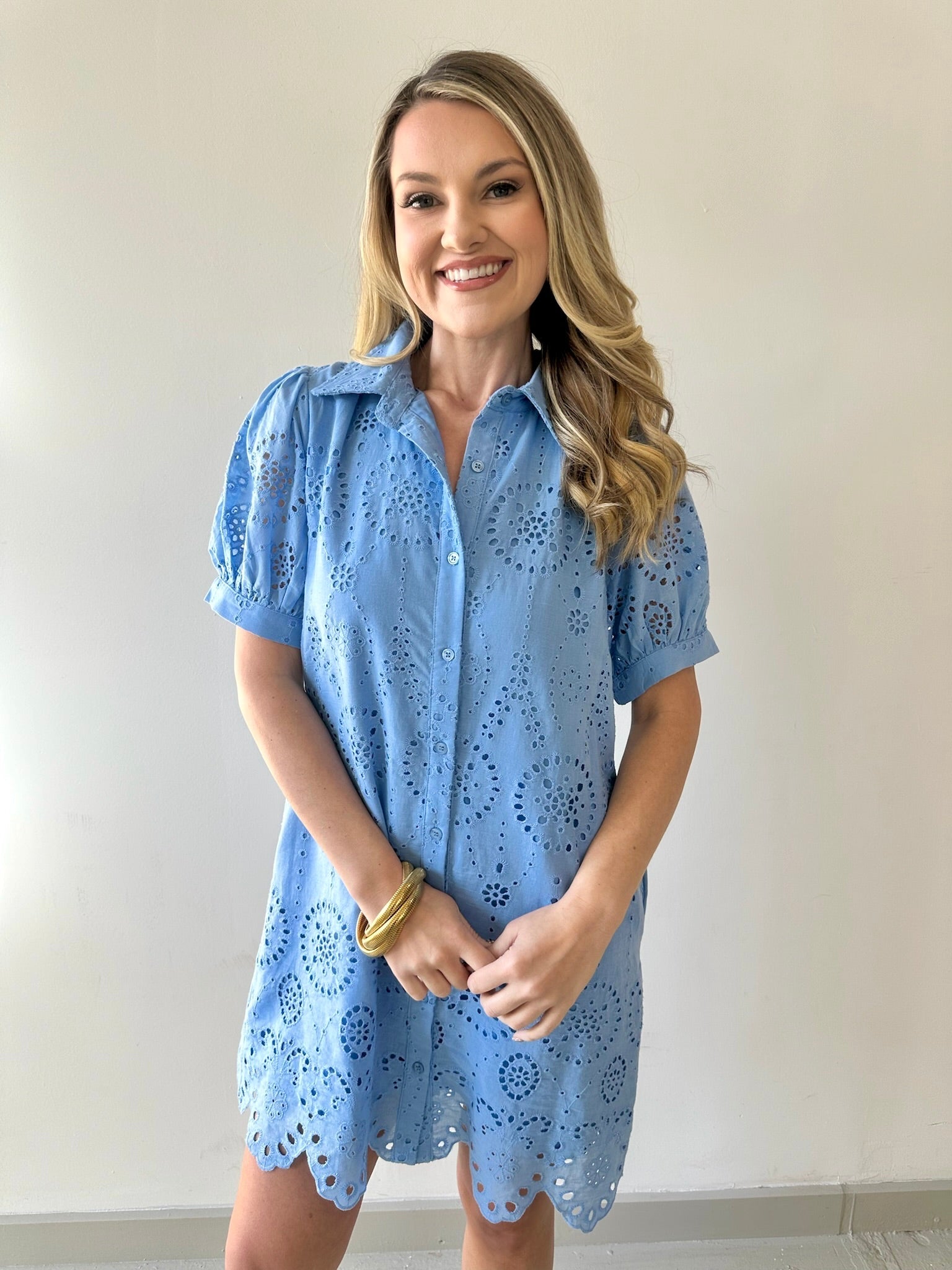 Eyelet Button Down Puff Sleeve Dress