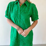 Eyelet Button Down Puff Sleeve Dress