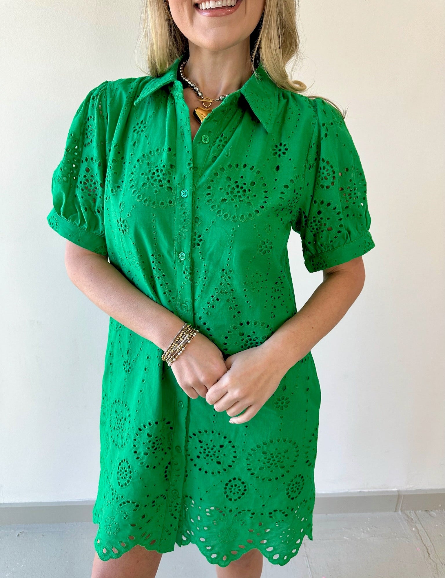 Eyelet Button Down Puff Sleeve Dress