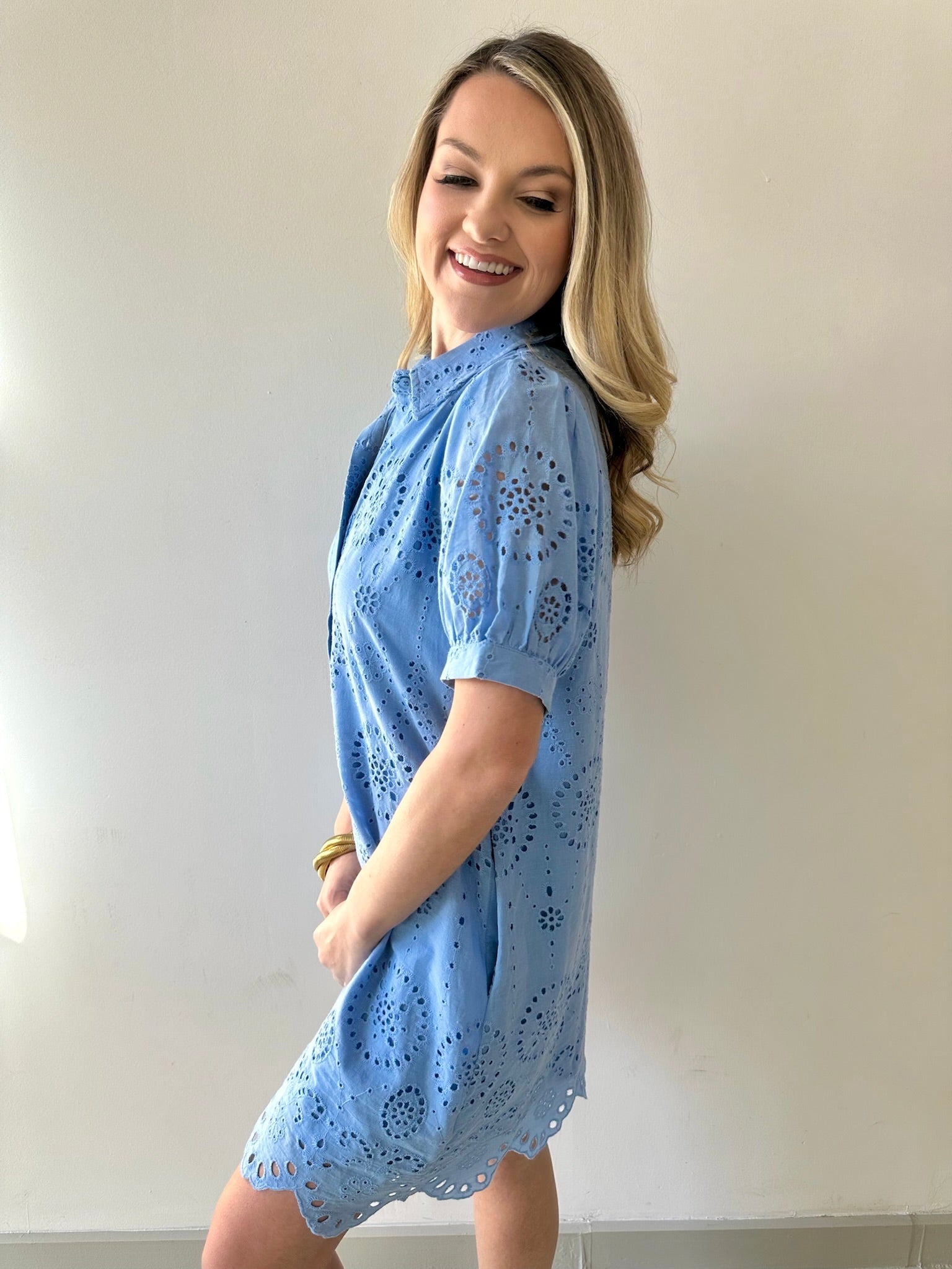 Eyelet Button Down Puff Sleeve Dress