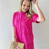 Eyelet Button Down Puff Sleeve Dress