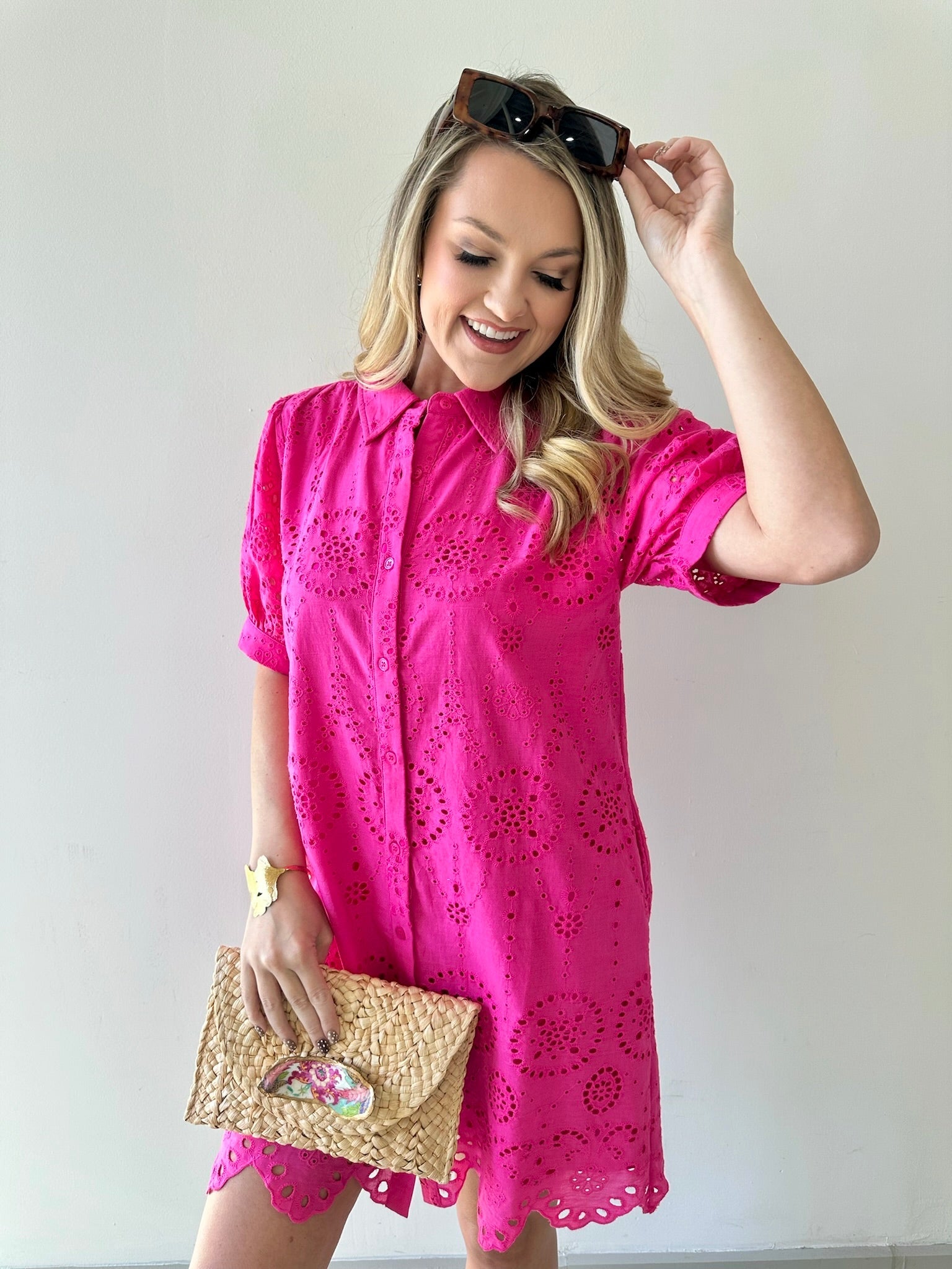 Eyelet Button Down Puff Sleeve Dress