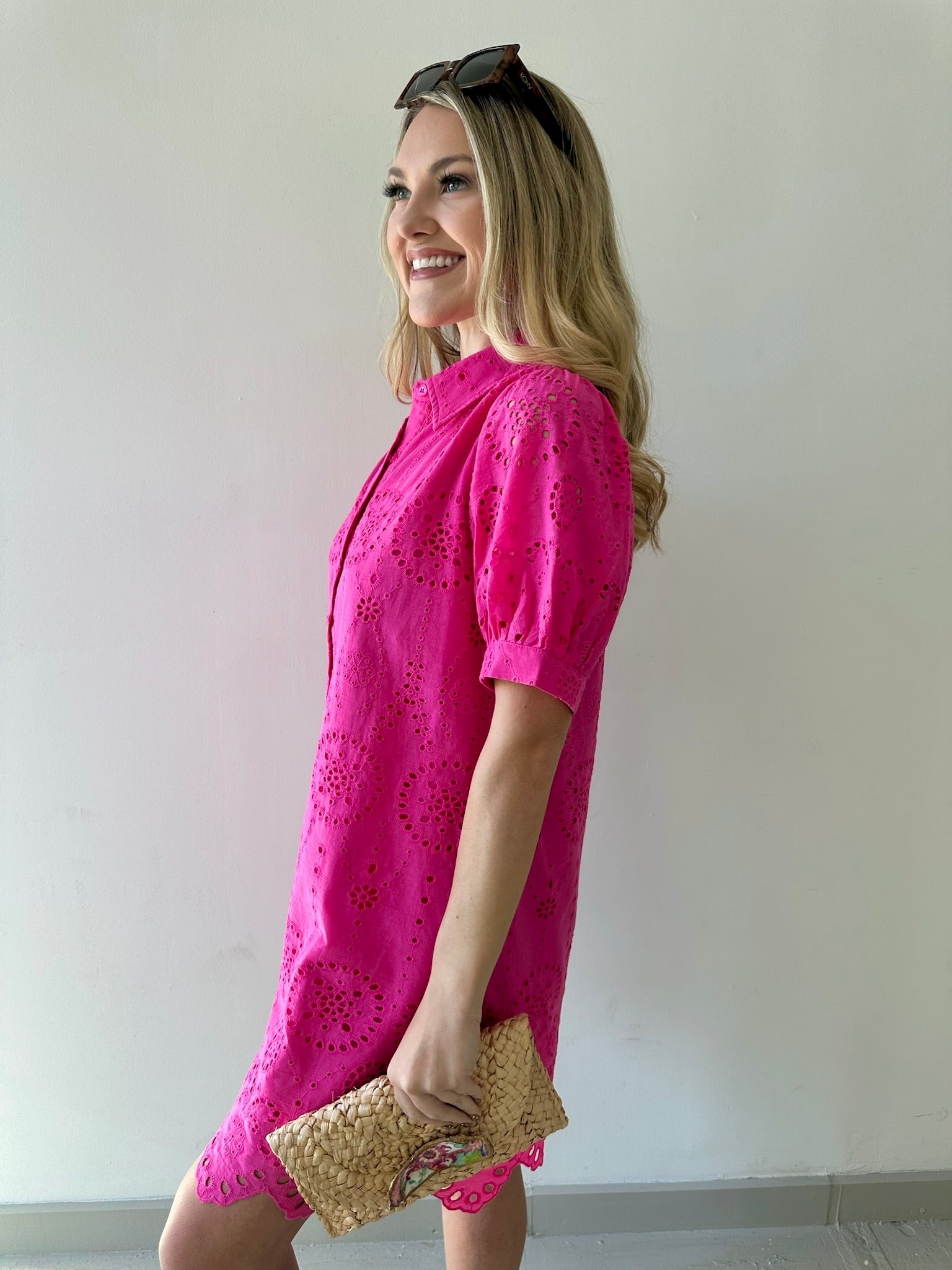 Eyelet Button Down Puff Sleeve Dress