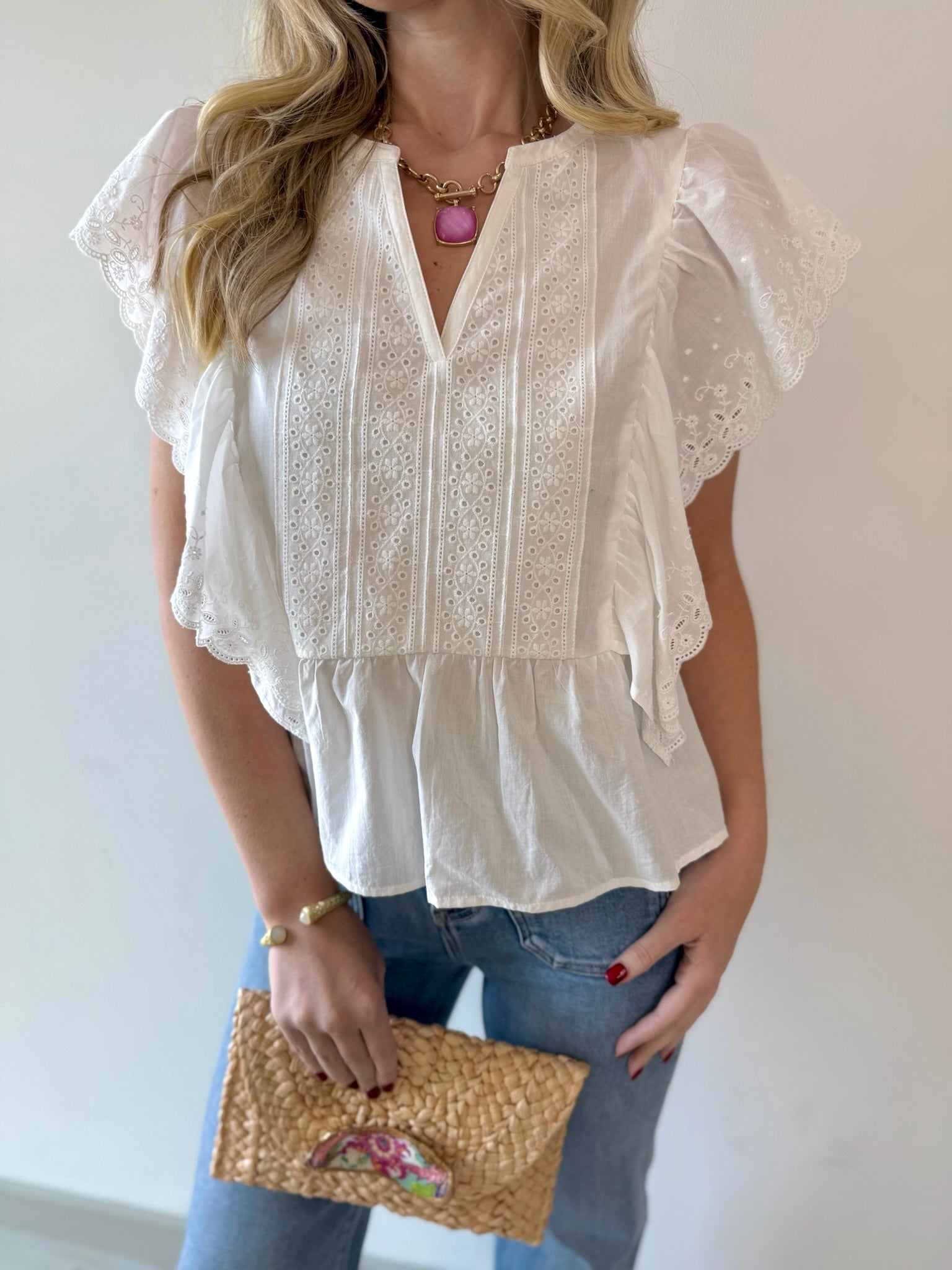 Eyelet Ruffled Cotton Poplin Top