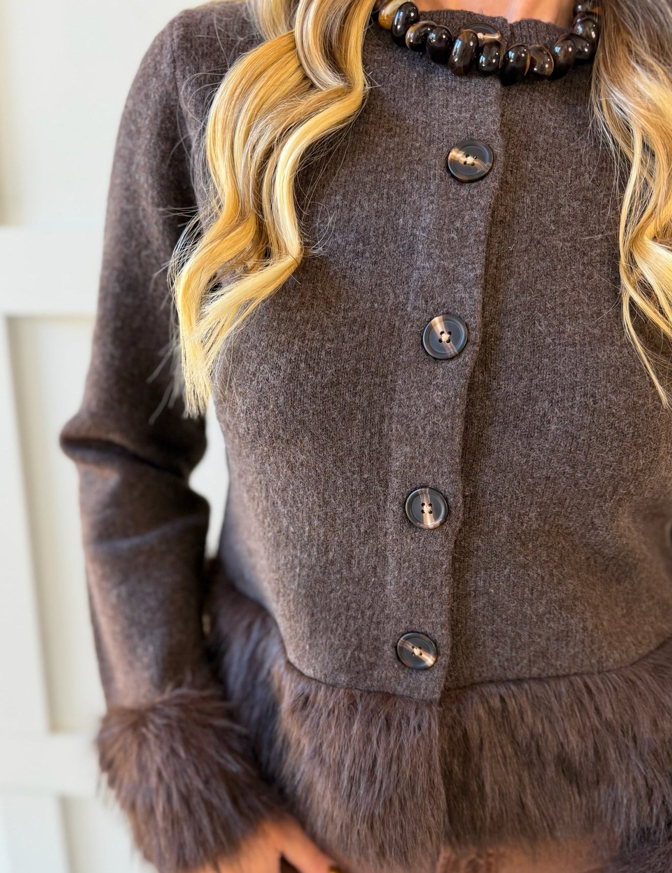 Faux Fur Detail Cardigan - Brown