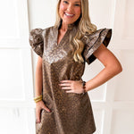 Faux Leather Animal Print Dress- Brown