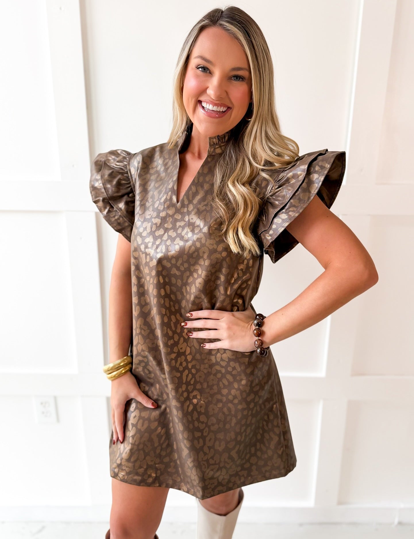 Faux Leather Animal Print Dress- Brown
