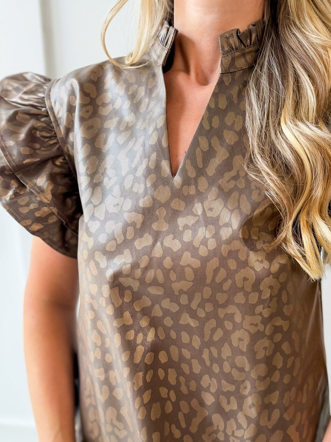 Faux Leather Animal Print Dress- Brown