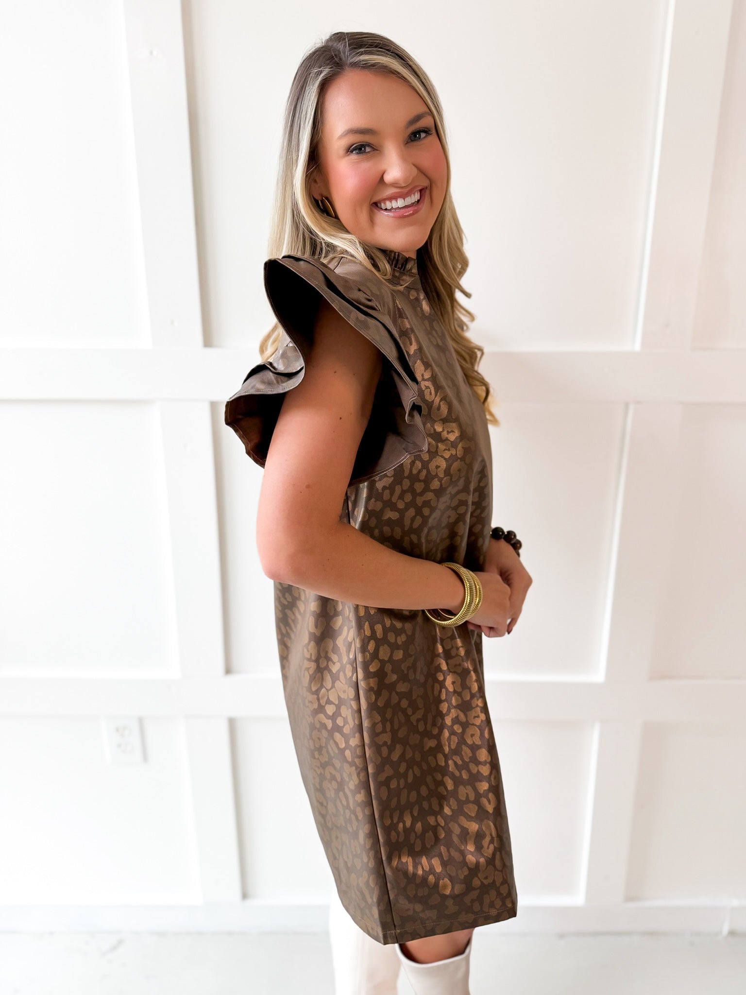 Faux Leather Animal Print Dress- Brown