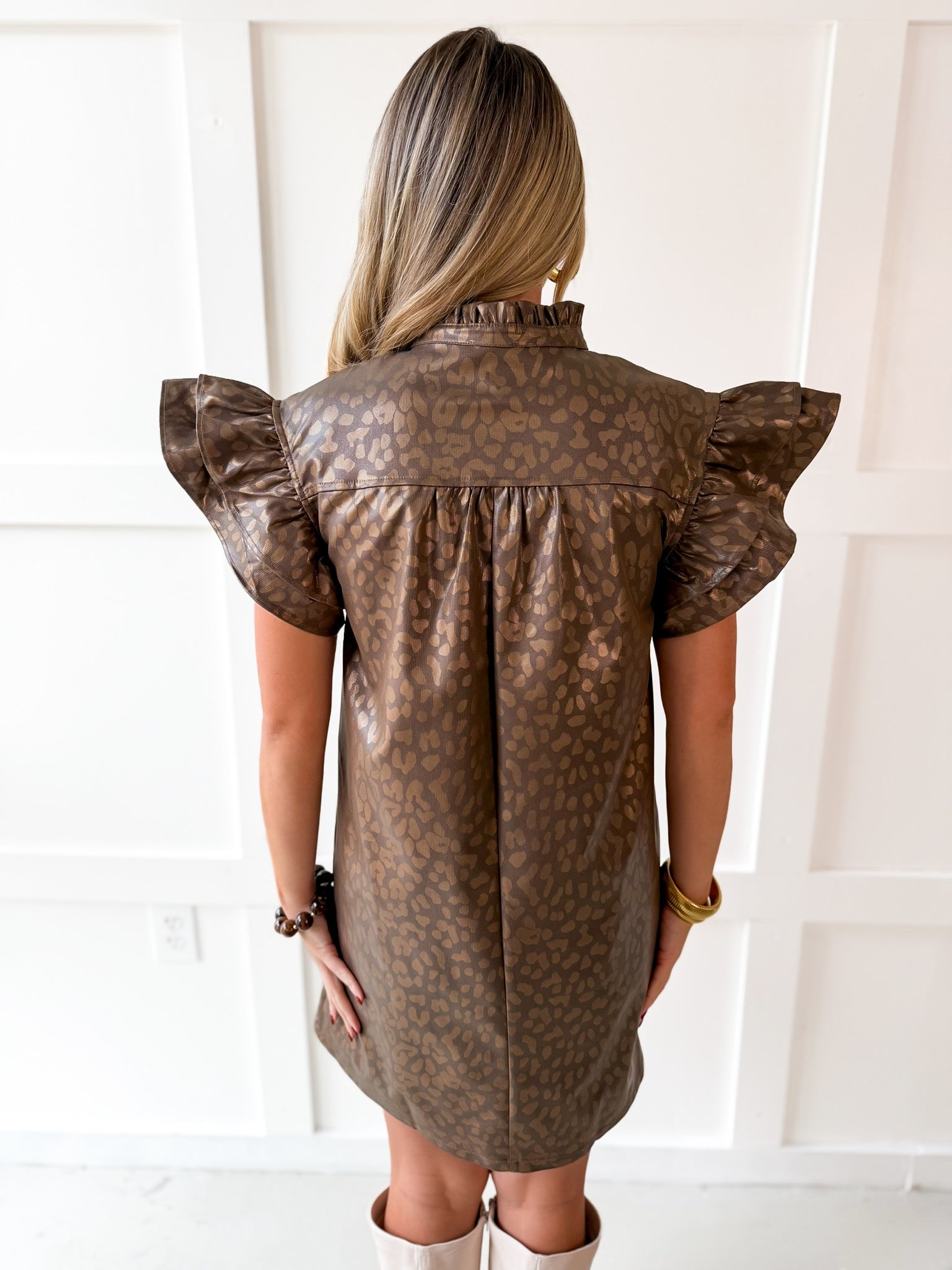 Faux Leather Animal Print Dress- Brown