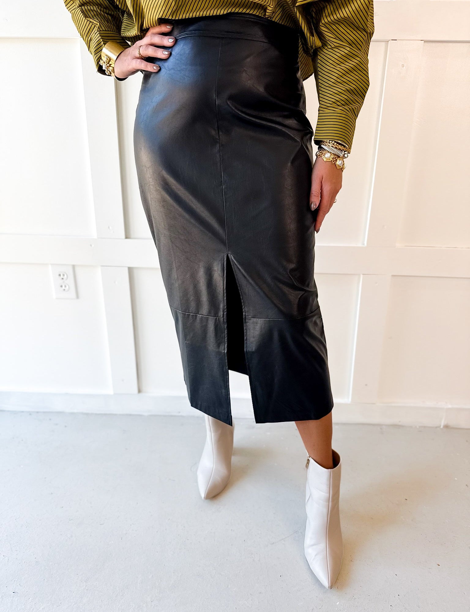 Faux Leather Skirt With Slit - Black