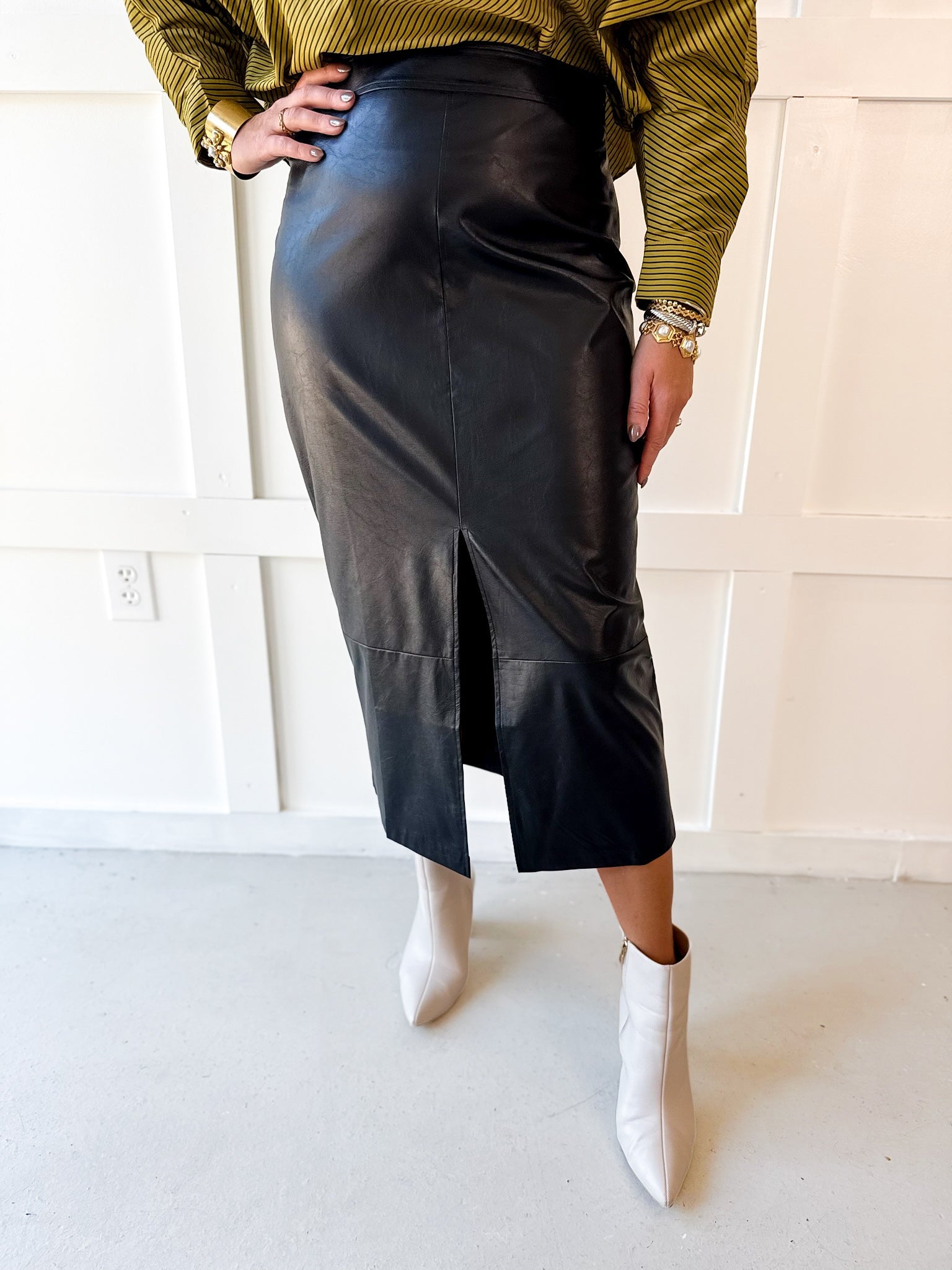 Faux Leather Skirt With Slit - Black