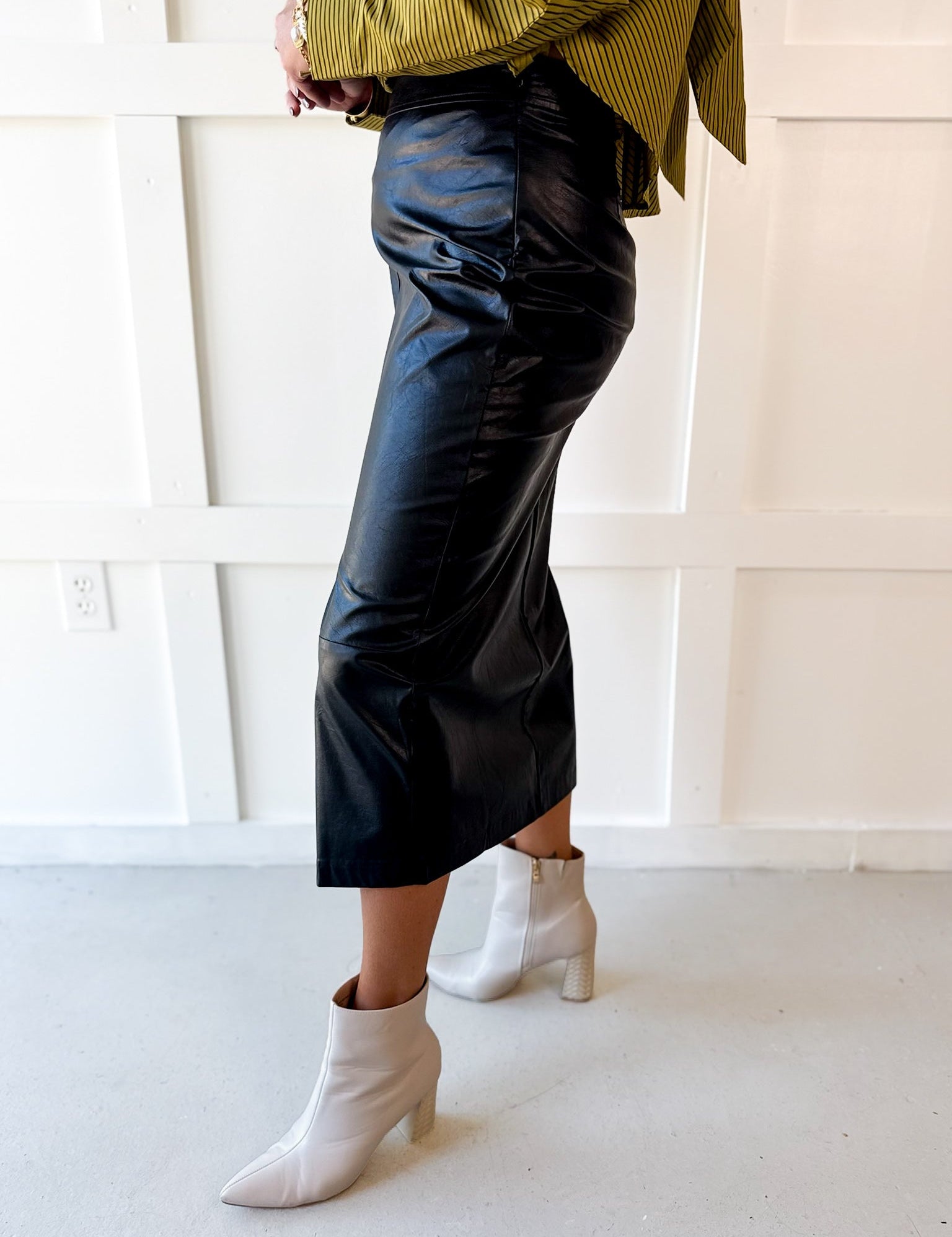Faux Leather Skirt With Slit - Black