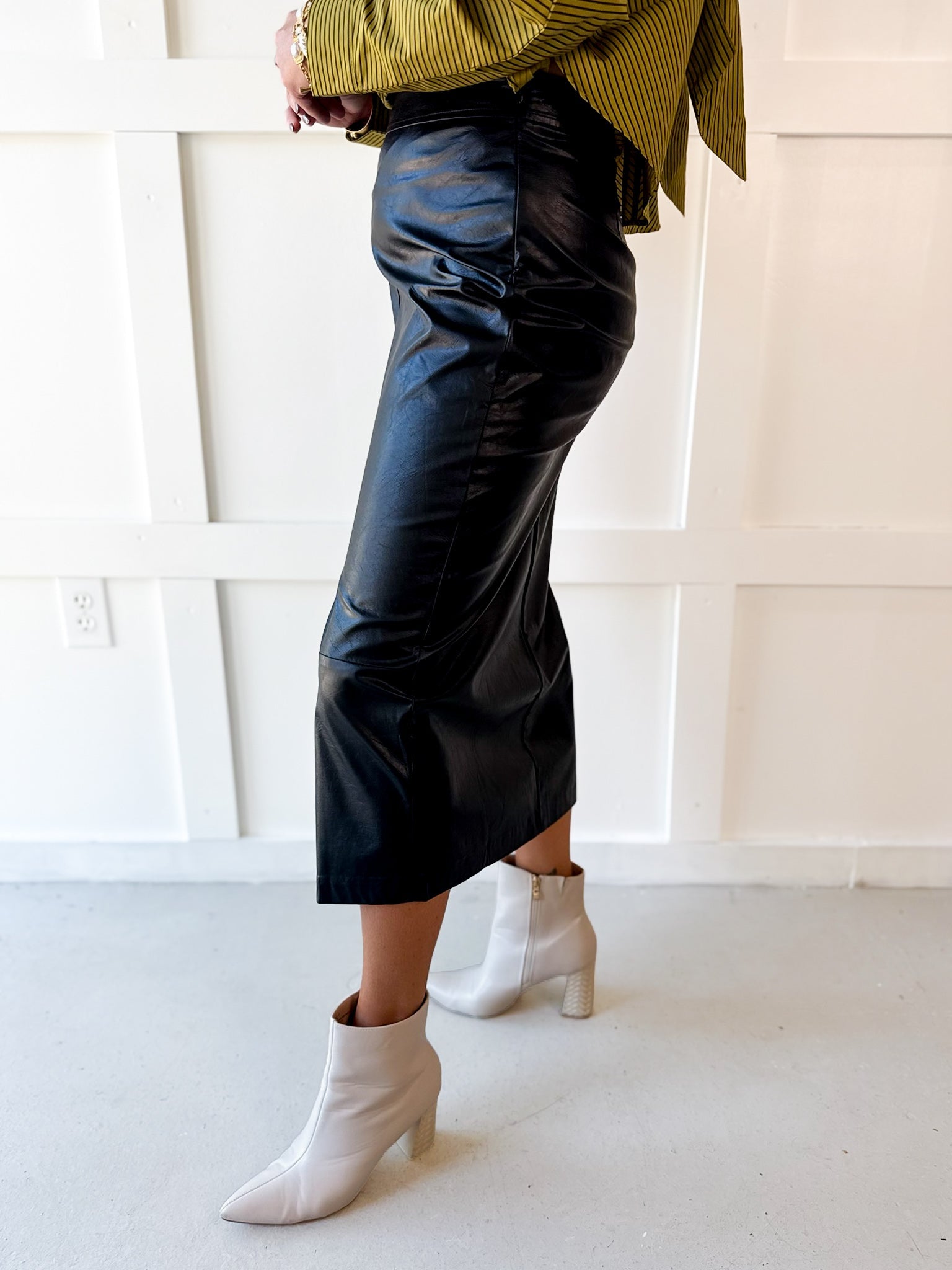 Faux Leather Skirt With Slit - Black