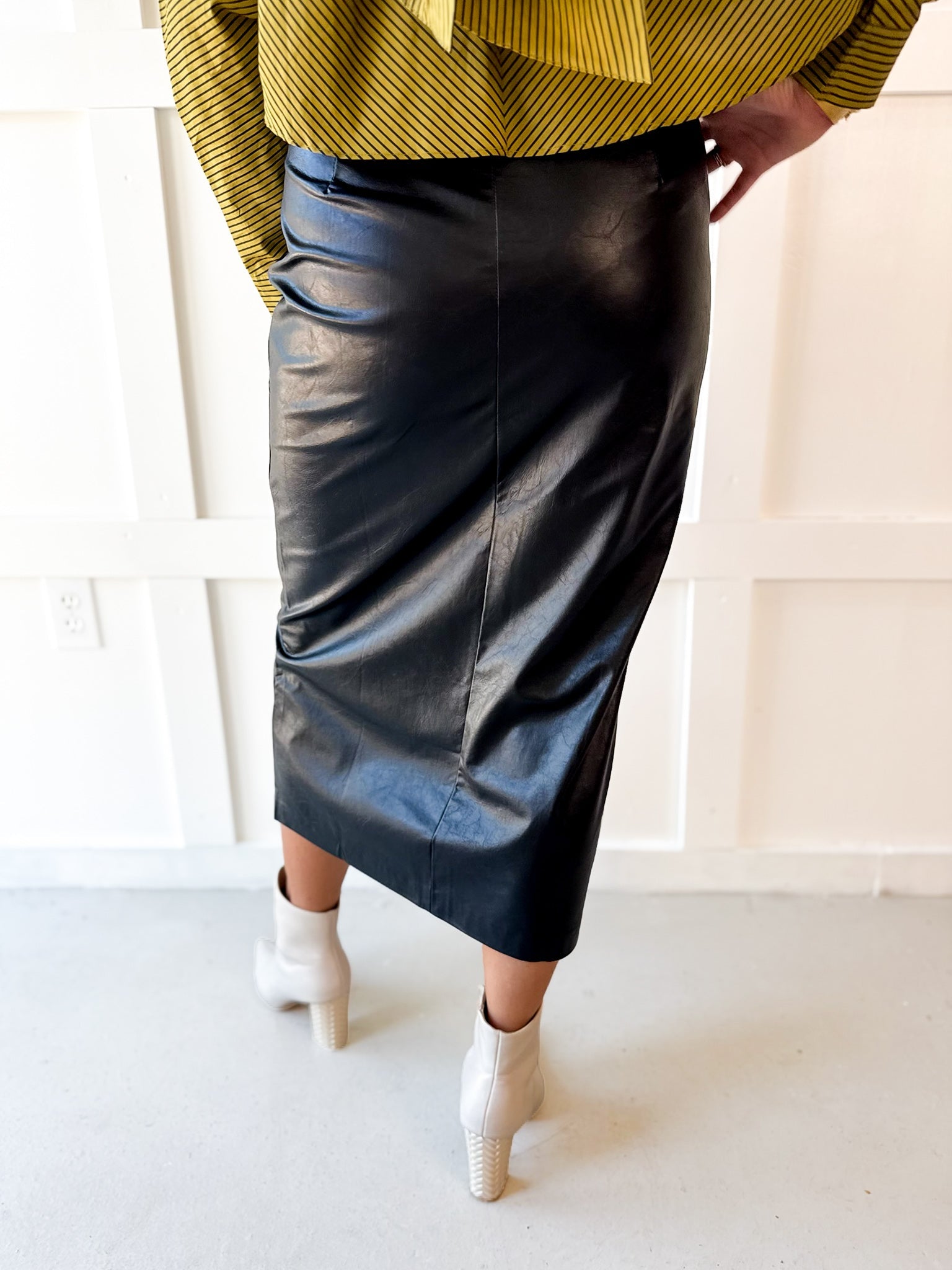Faux Leather Skirt With Slit - Black