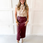 Faux Leather Skirt With Slit - Maroon