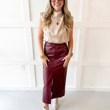 Faux Leather Skirt With Slit - Maroon