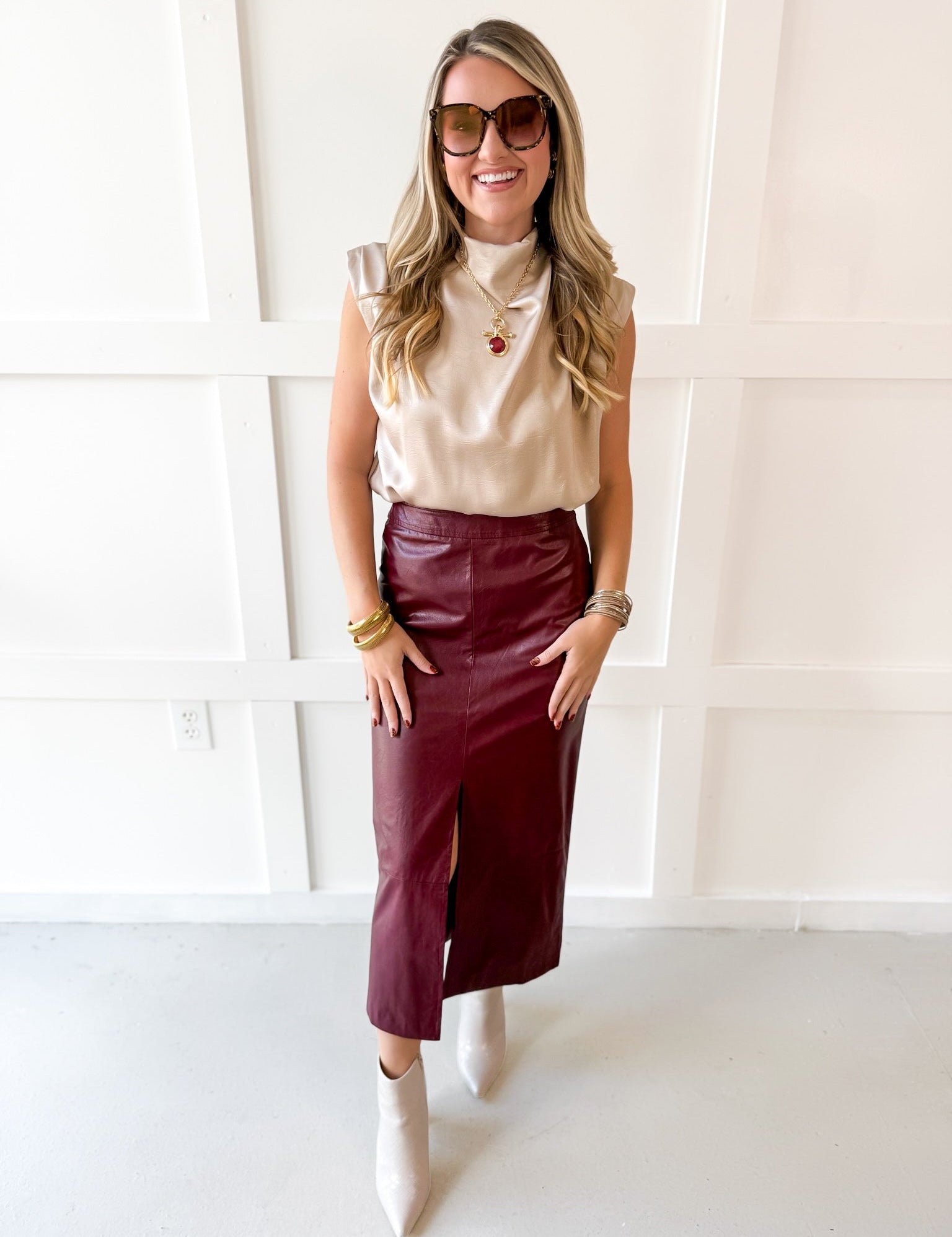 Faux Leather Skirt With Slit - Maroon