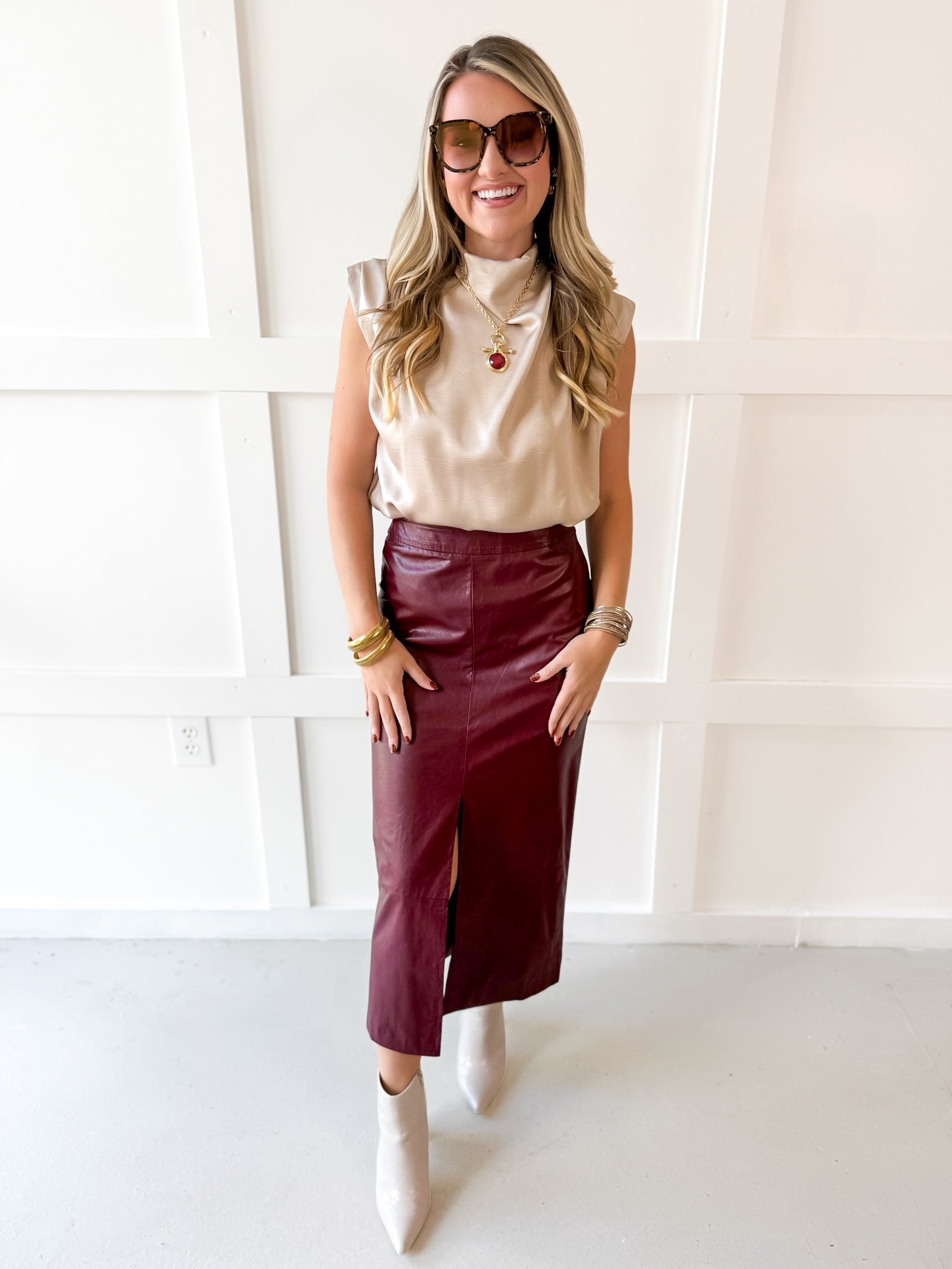 Faux Leather Skirt With Slit - Maroon