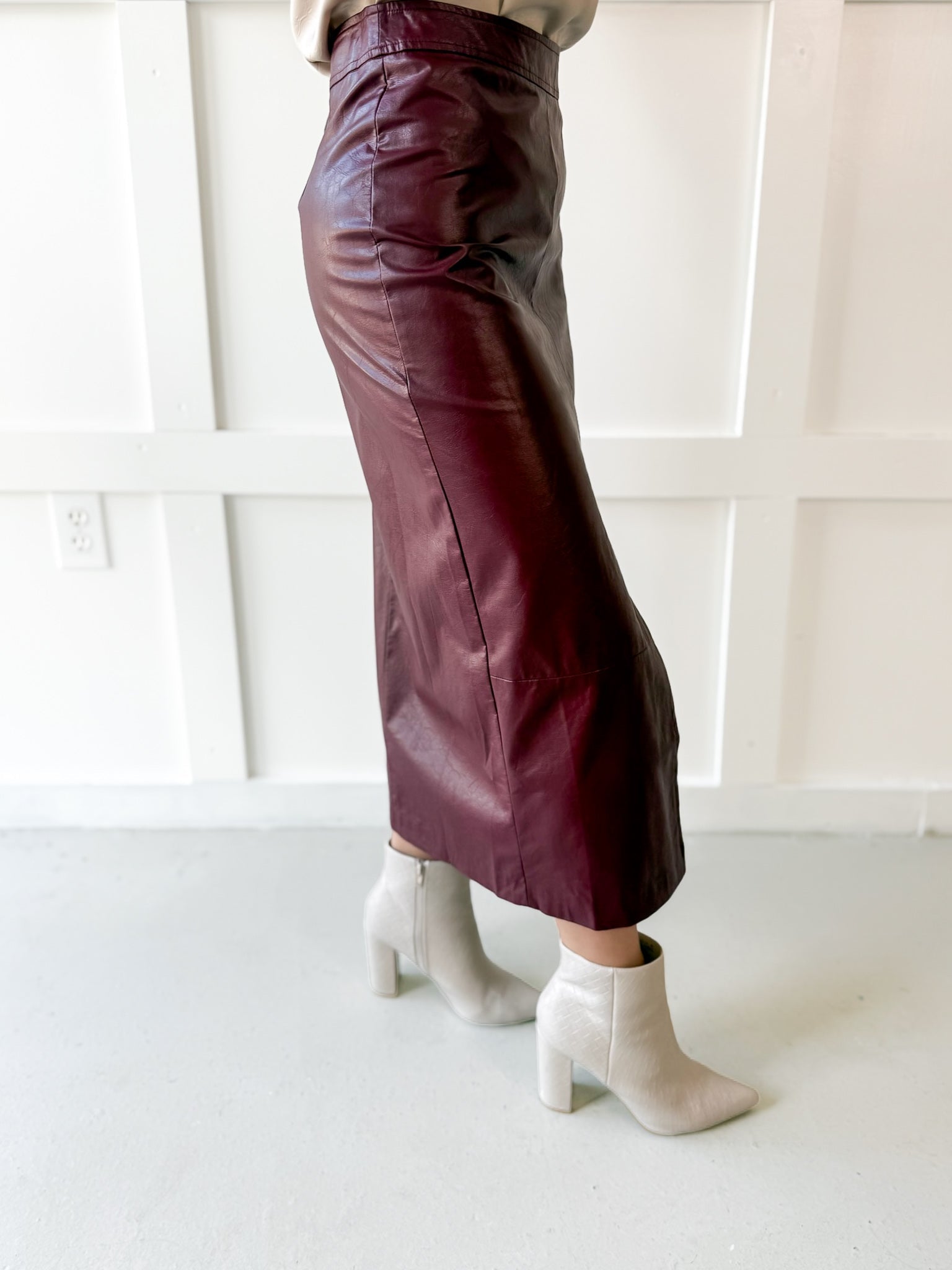 Faux Leather Skirt With Slit - Maroon