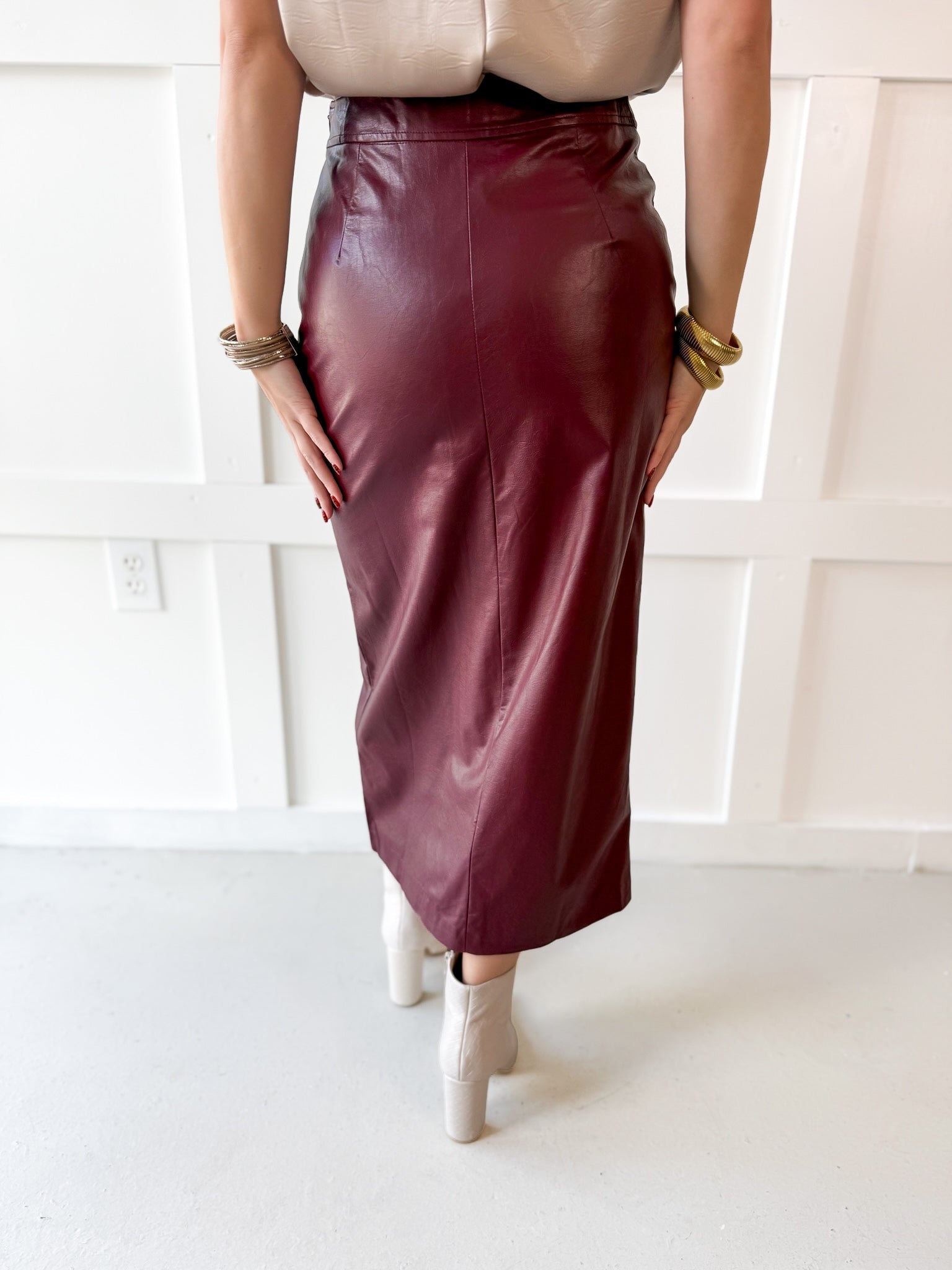 Faux Leather Skirt With Slit - Maroon