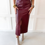 Faux Leather Skirt With Slit - Maroon