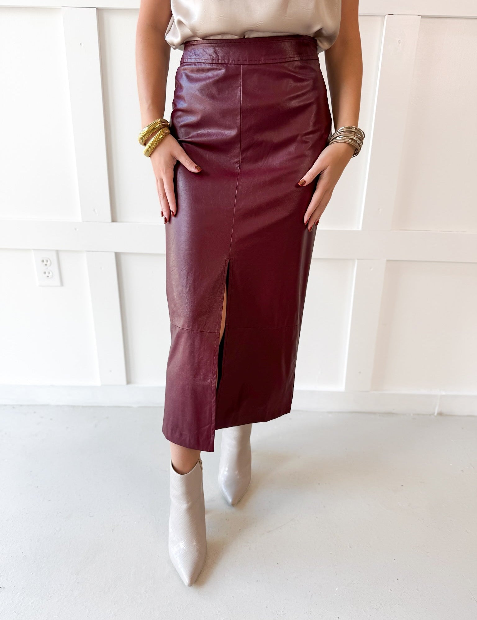 Faux Leather Skirt With Slit - Maroon