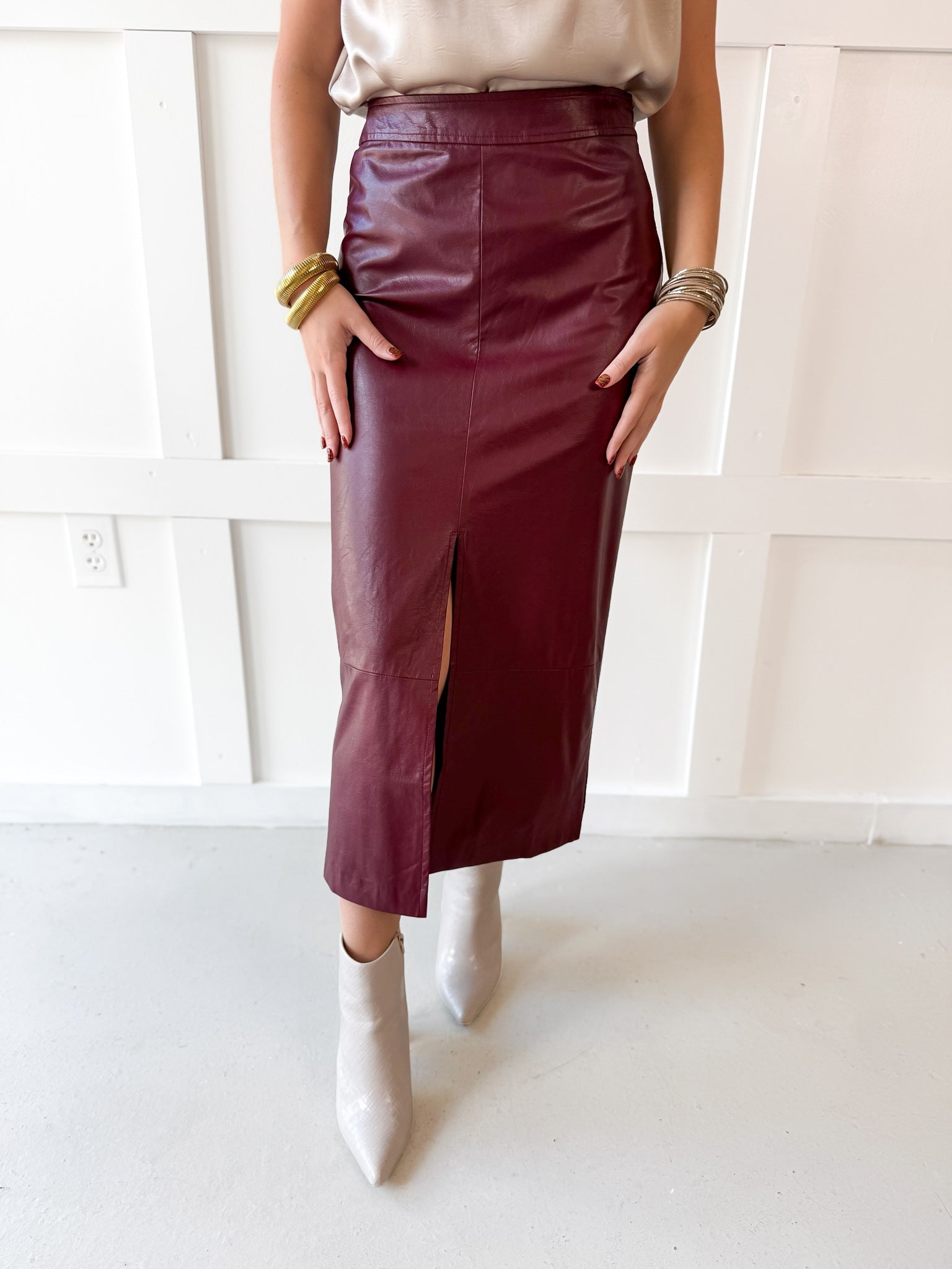Faux Leather Skirt With Slit - Maroon
