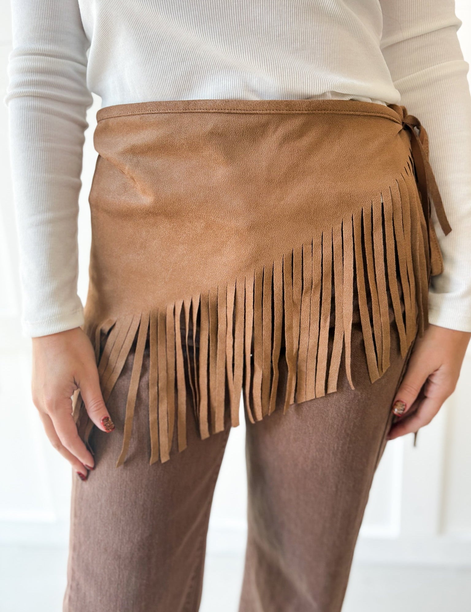 Faux Suede Fringe Neck-Waist Wrap- Camel