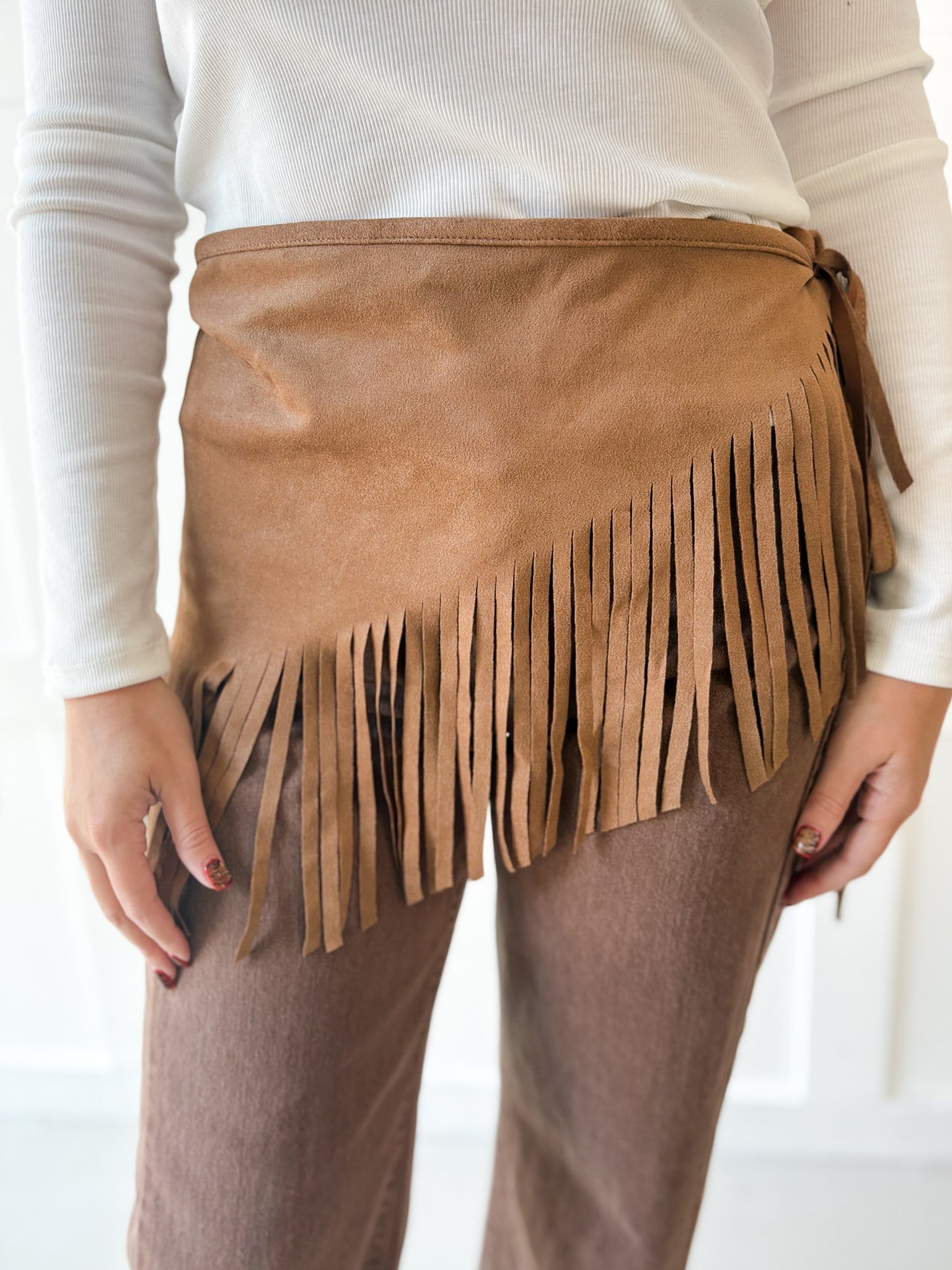 Faux Suede Fringe Neck-Waist Wrap- Camel