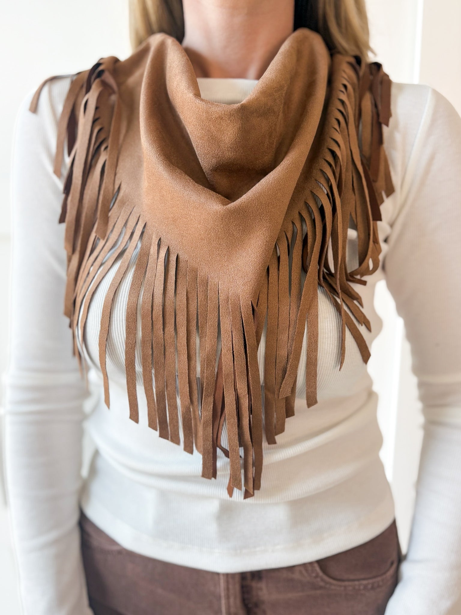 Faux Suede Fringe Neck-Waist Wrap- Camel
