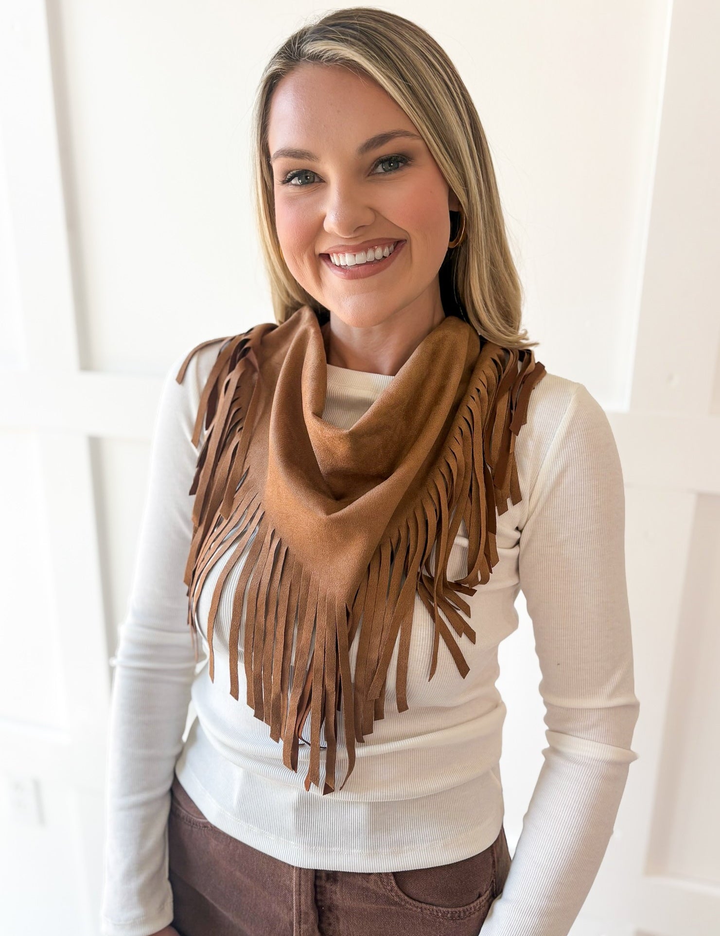 Faux Suede Fringe Neck-Waist Wrap- Camel