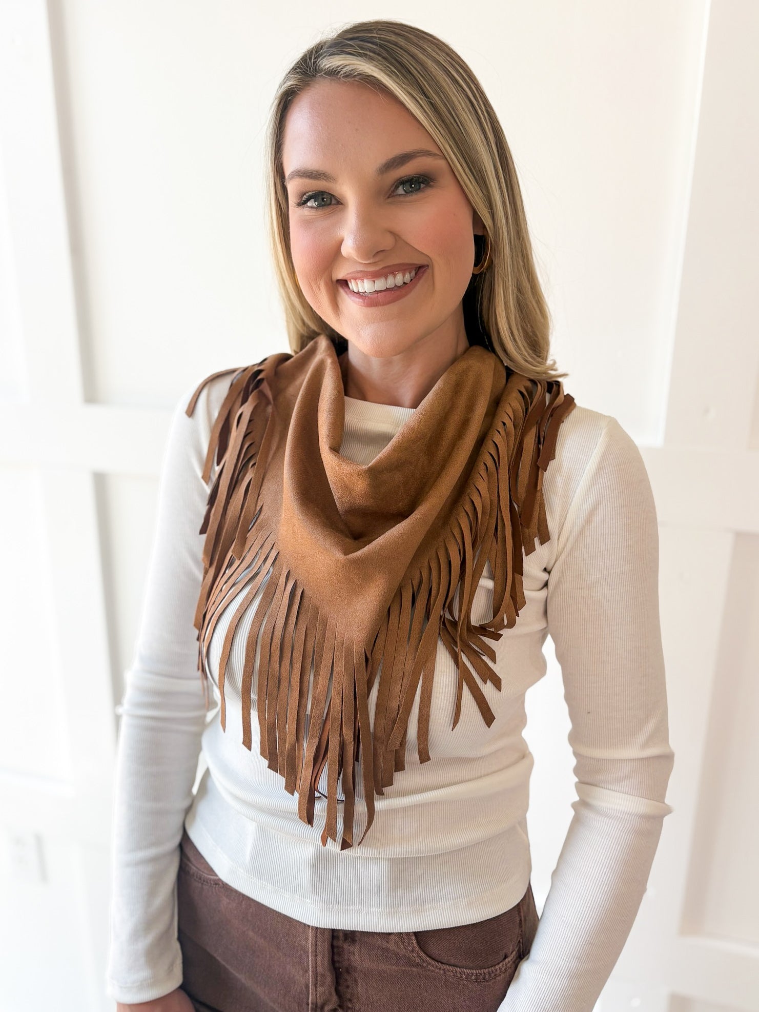 Faux Suede Fringe Neck-Waist Wrap- Camel